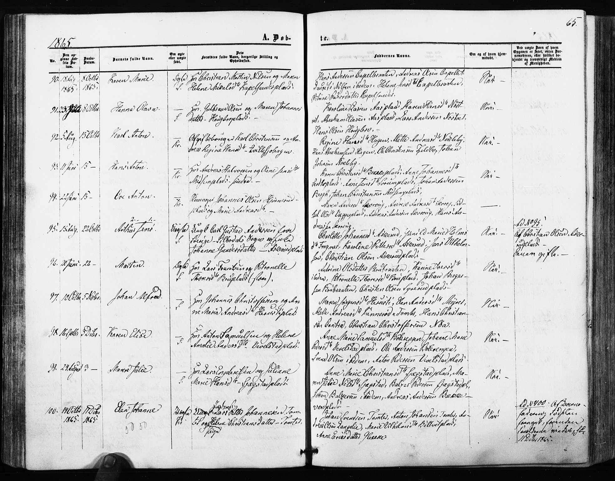 Kråkstad prestekontor Kirkebøker, SAO/A-10125a/F/Fa/L0007: Parish register (official) no. I 7, 1858-1870, p. 65