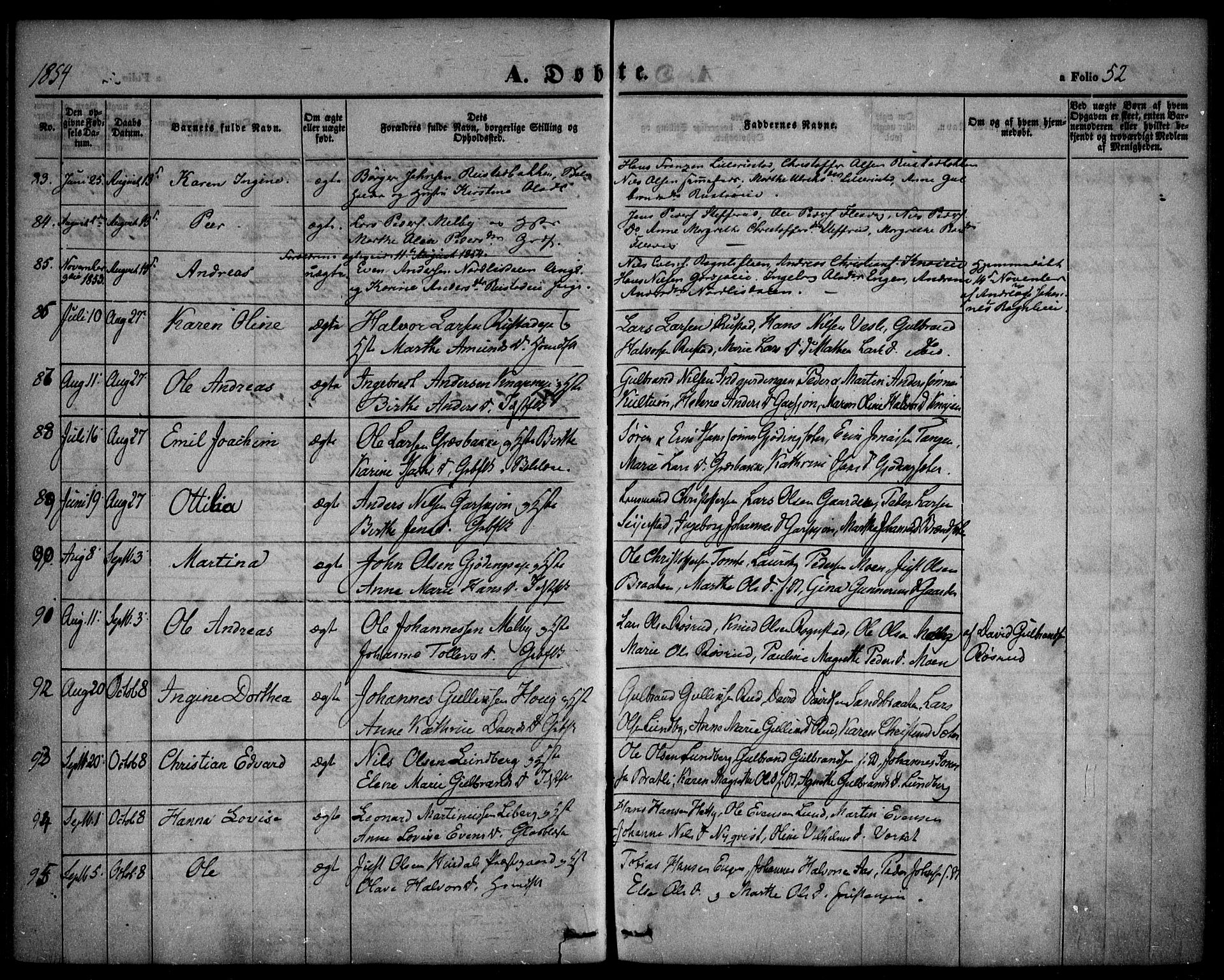 Hurdal prestekontor Kirkebøker, AV/SAO-A-10889/F/Fa/L0005: Parish register (official) no. I 5, 1846-1859, p. 52