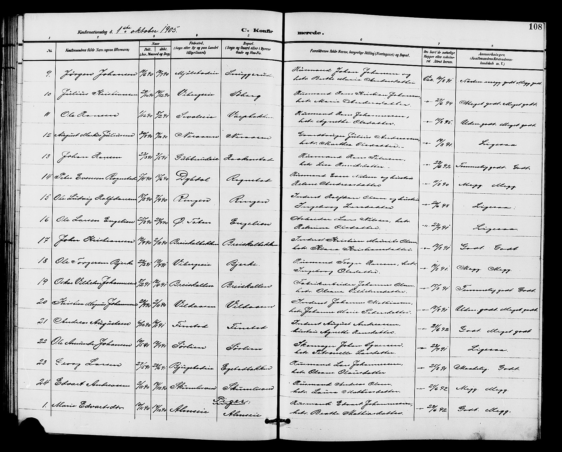 Vardal prestekontor, SAH/PREST-100/H/Ha/Hab/L0011: Parish register (copy) no. 11, 1899-1913, p. 108
