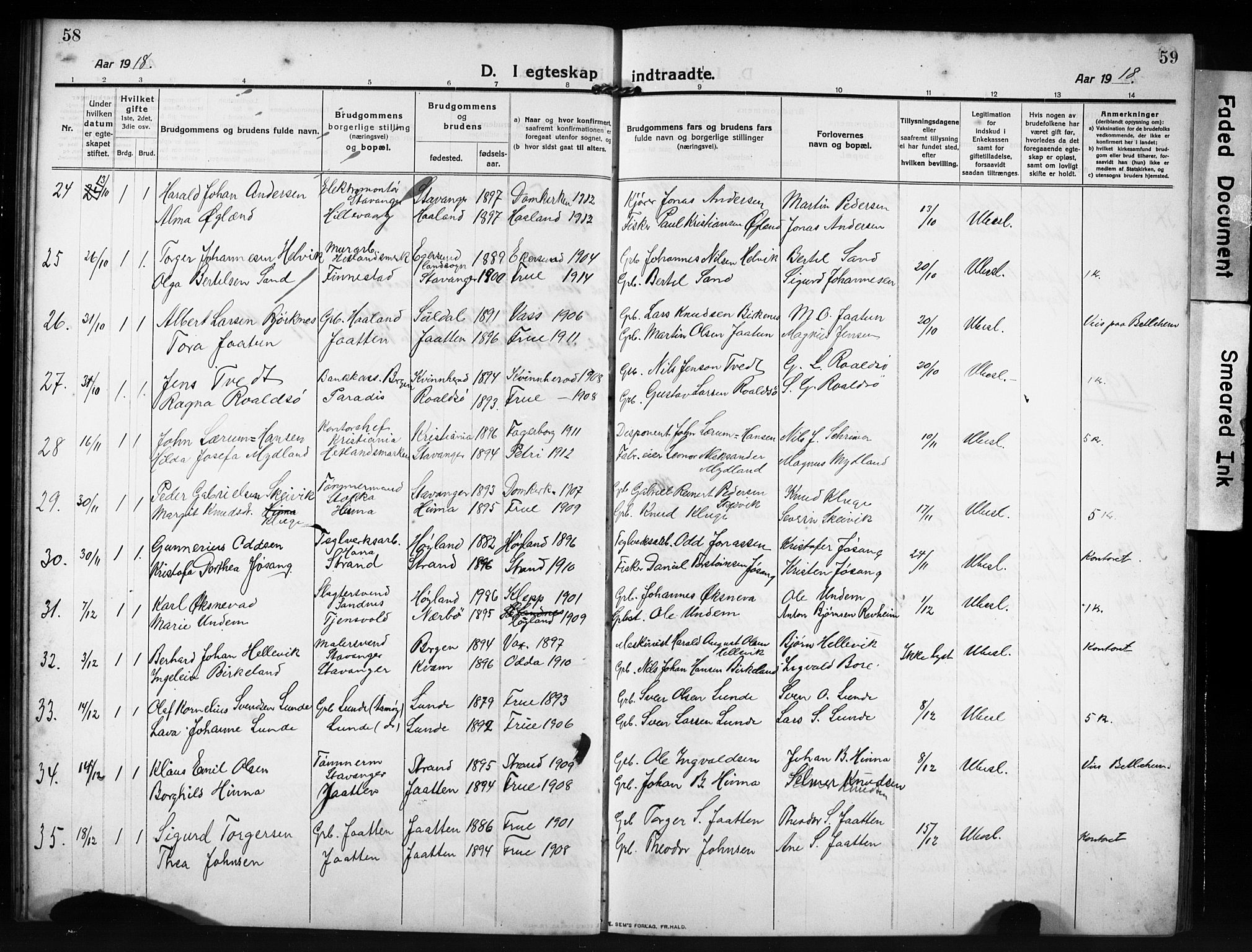 Hetland sokneprestkontor, SAST/A-101826/30/30BB/L0009: Parish register (copy) no. B 9, 1910-1931, p. 58-59
