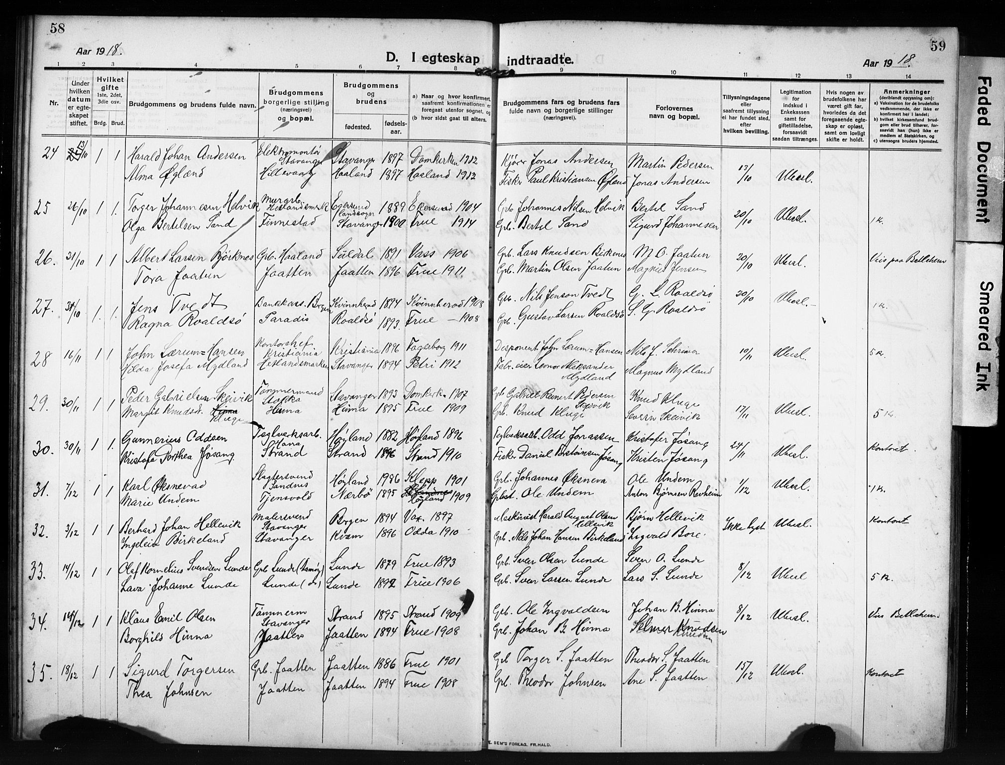 Hetland sokneprestkontor, AV/SAST-A-101826/30/30BB/L0009: Parish register (copy) no. B 9, 1910-1931, p. 58-59
