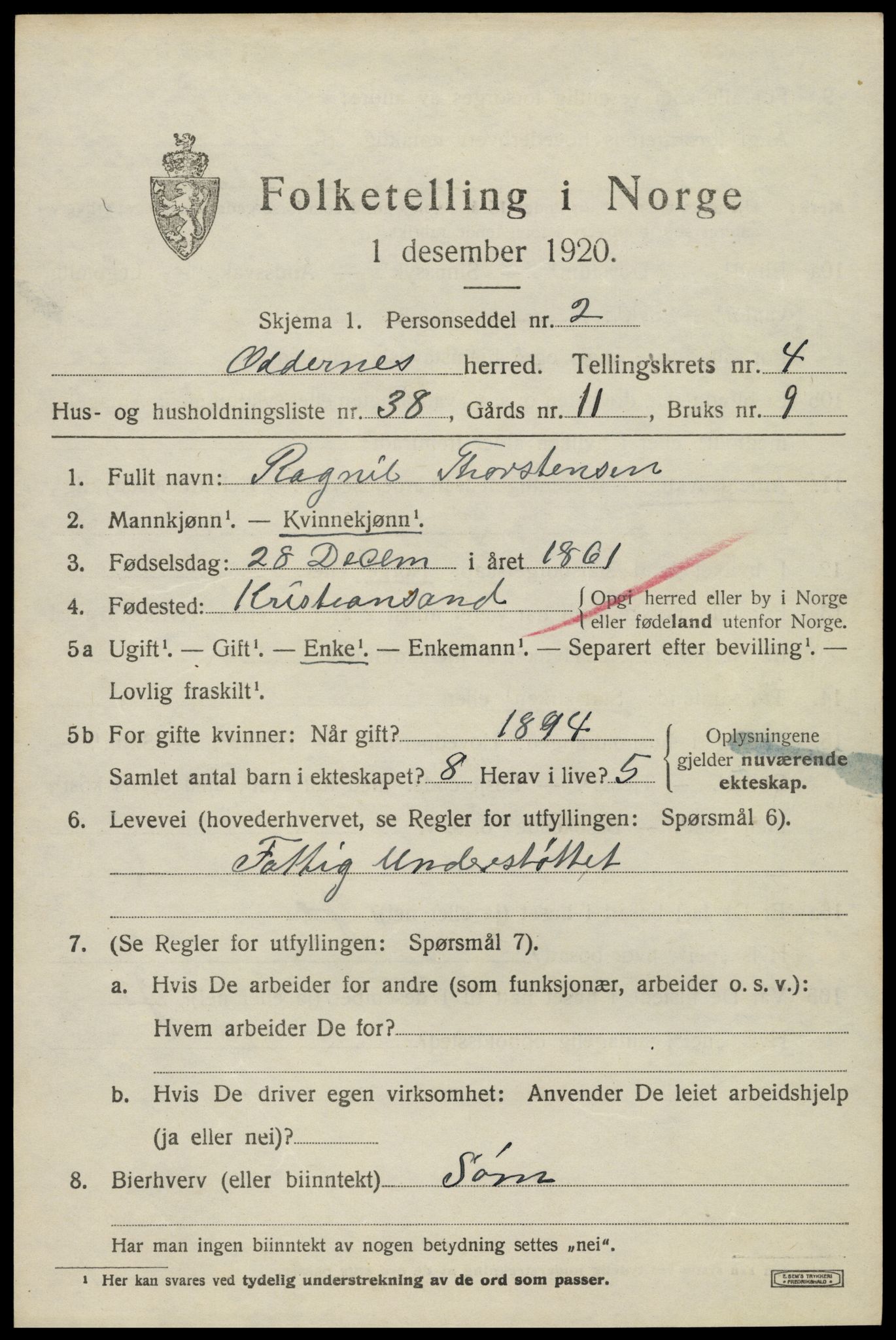 SAK, 1920 census for Oddernes, 1920, p. 4409