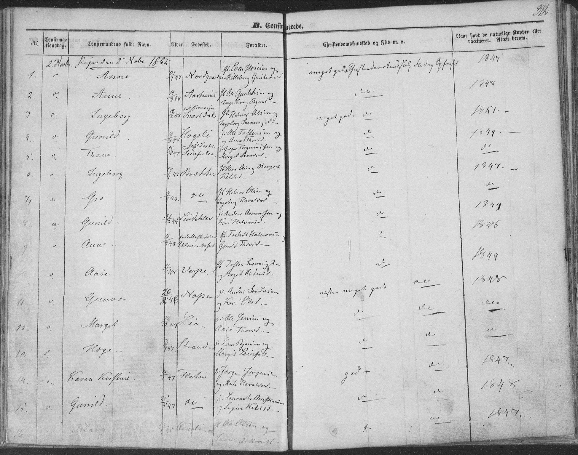 Seljord kirkebøker, SAKO/A-20/F/Fa/L012b: Parish register (official) no. I 12B, 1850-1865, p. 312