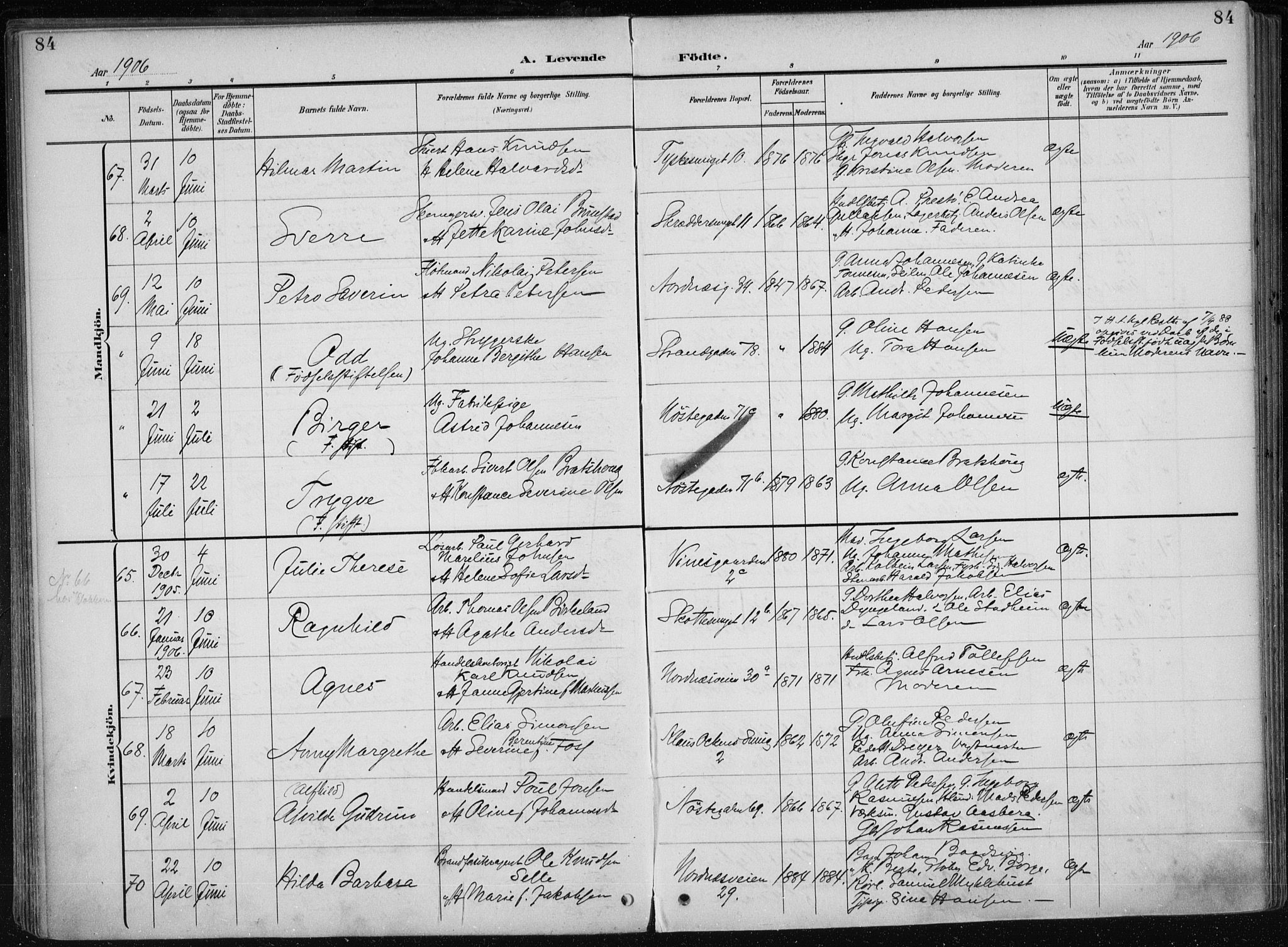Nykirken Sokneprestembete, AV/SAB-A-77101/H/Haa/L0019: Parish register (official) no. B 7, 1904-1916, p. 84