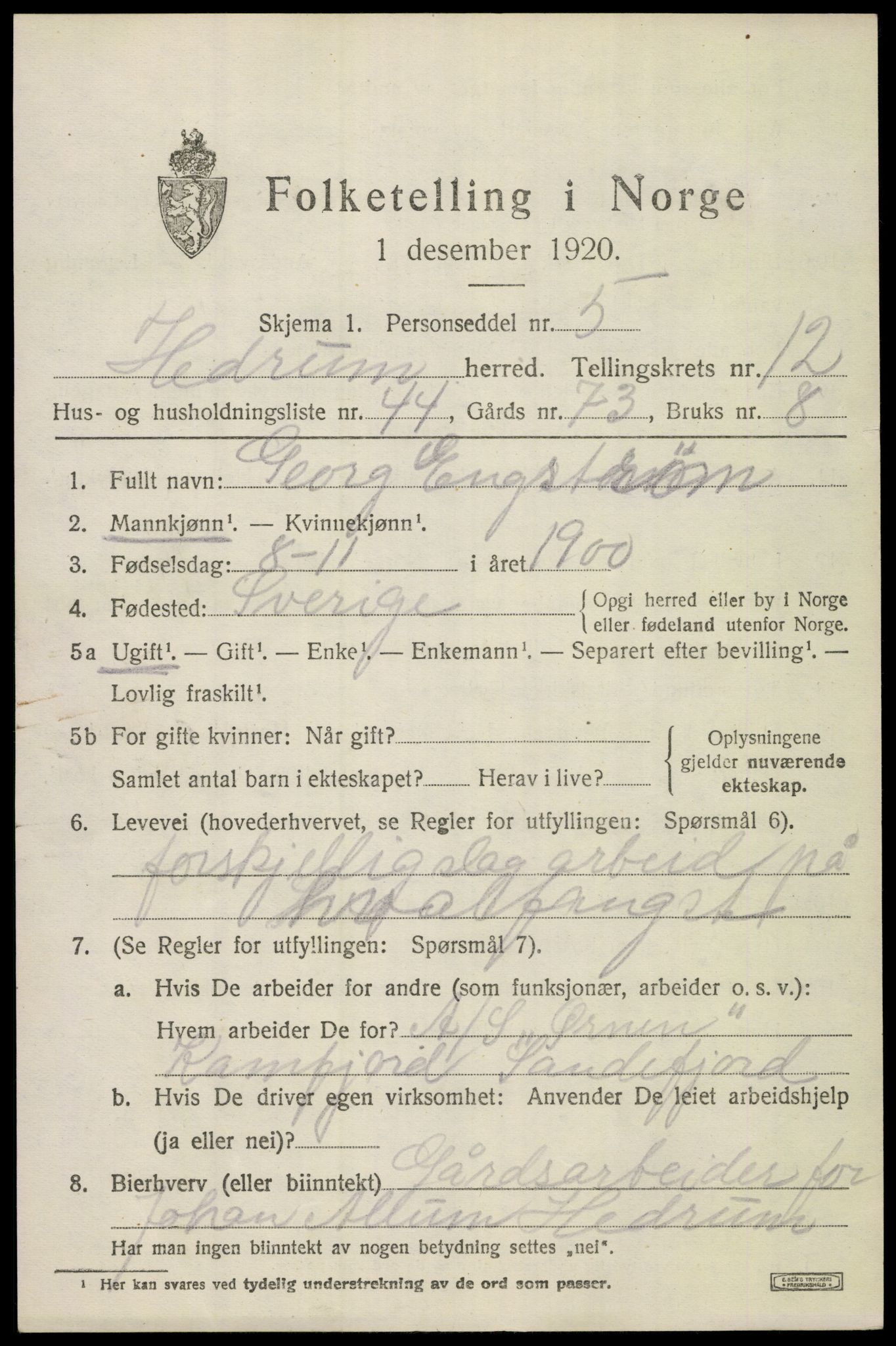 SAKO, 1920 census for Hedrum, 1920, p. 8587