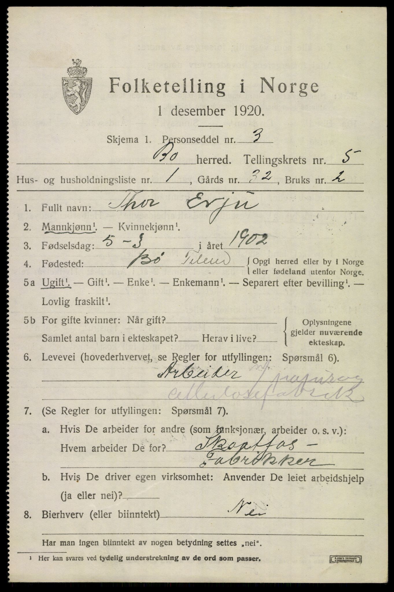 SAKO, 1920 census for Bø (Telemark), 1920, p. 3602