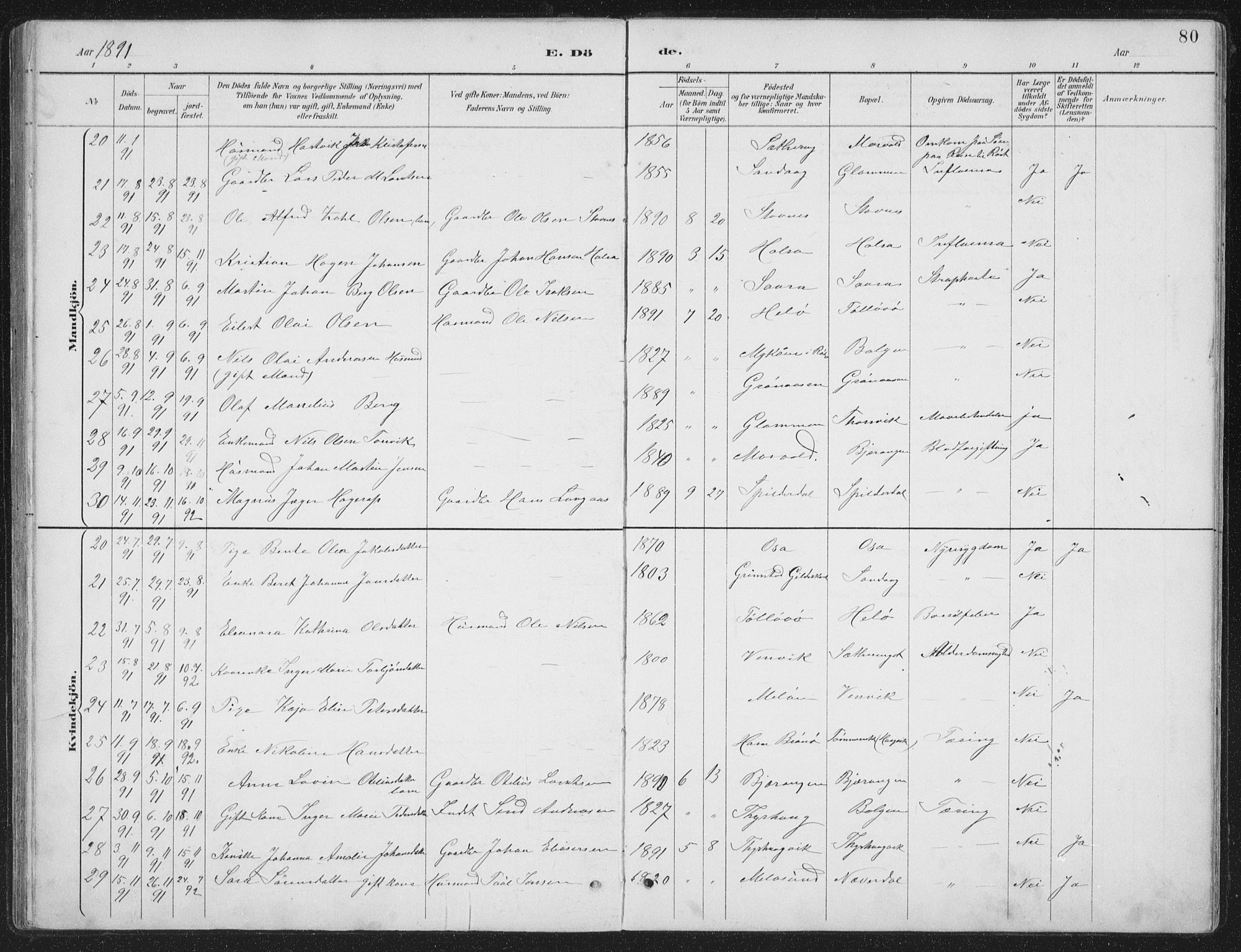 Ministerialprotokoller, klokkerbøker og fødselsregistre - Nordland, AV/SAT-A-1459/843/L0638: Parish register (copy) no. 843C07, 1888-1907, p. 80