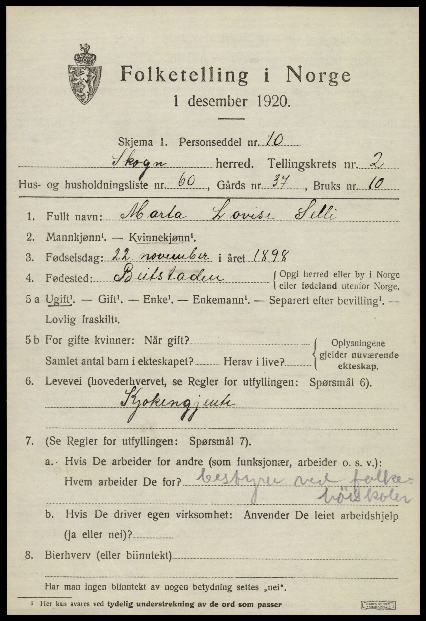SAT, 1920 census for Skogn, 1920, p. 3665