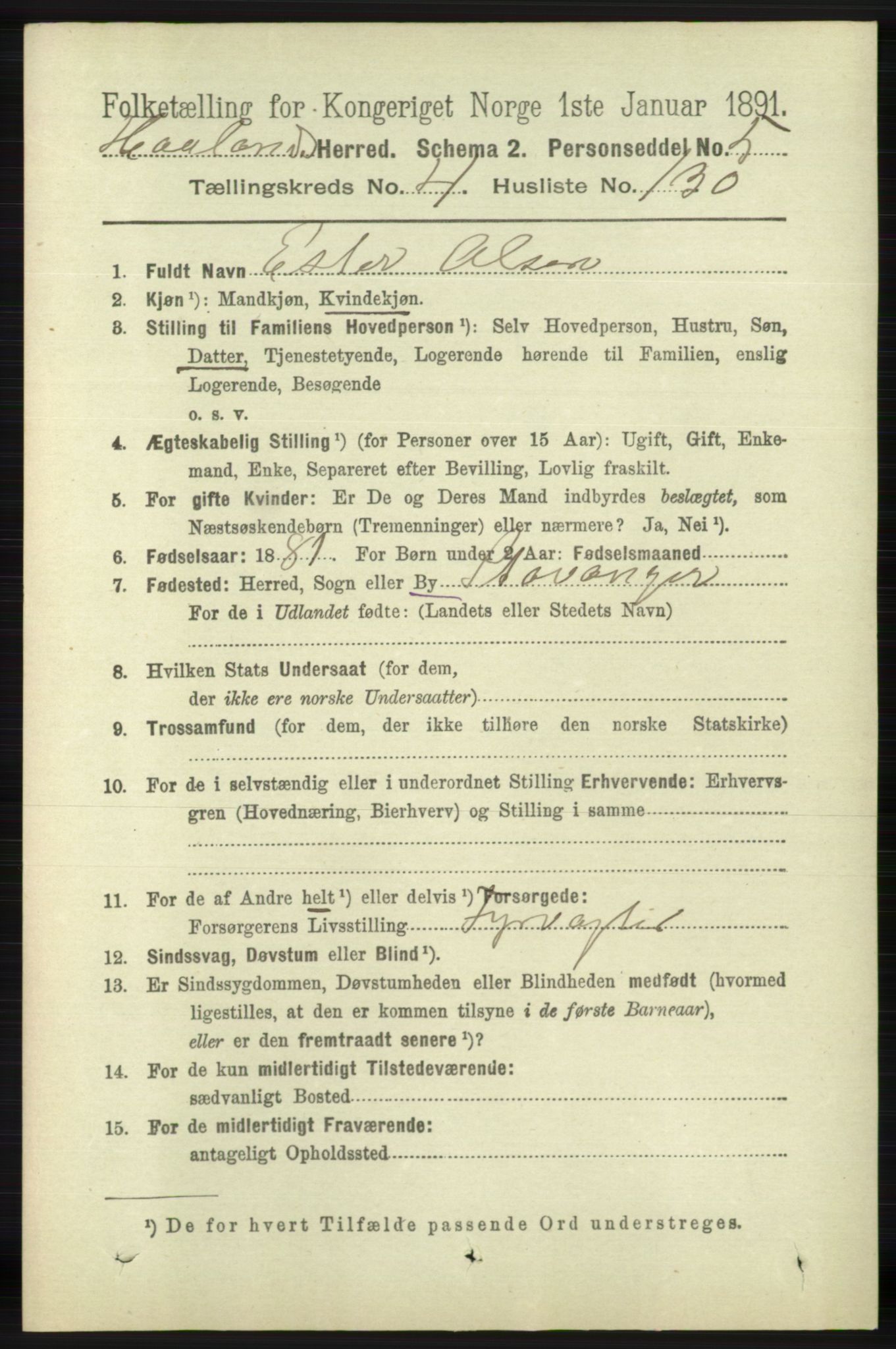 RA, 1891 census for 1124 Haaland, 1891, p. 3155