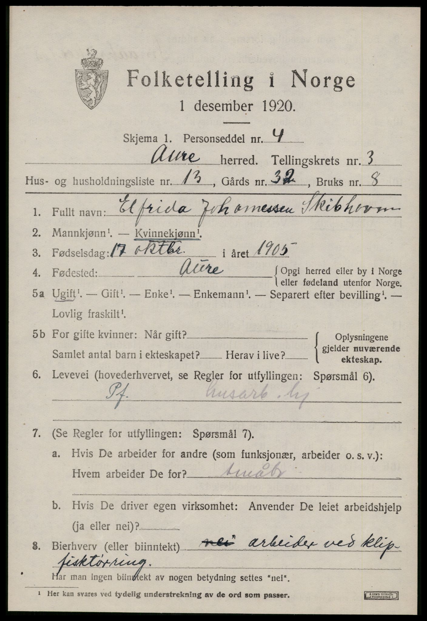 SAT, 1920 census for Aure, 1920, p. 1822