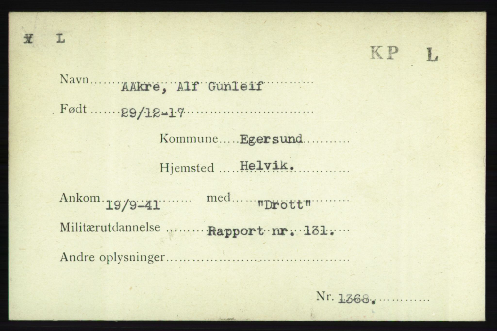 Forsvarets Overkommando. 2. kontor. Arkiv 8.1. Mottakersentralen FDE og FO.II, AV/RA-RAFA-6952/P/Pa/L0001: AA/Å - Andvig , 1940-1945, p. 29