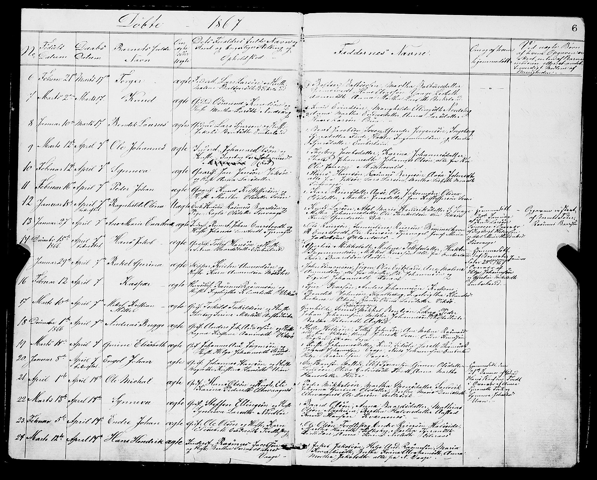 Sveio Sokneprestembete, SAB/A-78501/H/Hab: Parish register (copy) no. A 2, 1866-1877, p. 6
