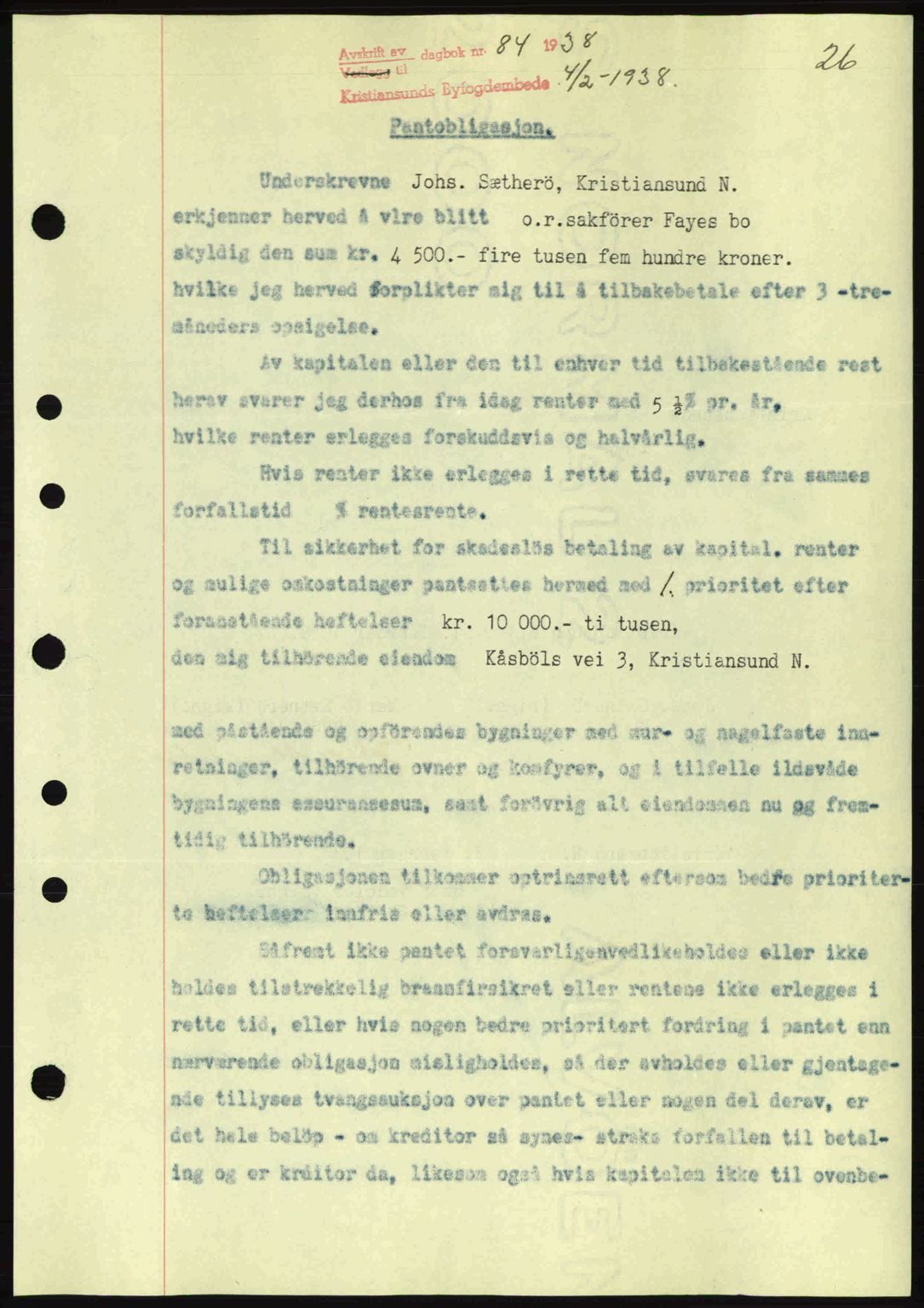 Kristiansund byfogd, SAT/A-4587/A/27: Mortgage book no. 31, 1938-1939, Diary no: : 84/1938