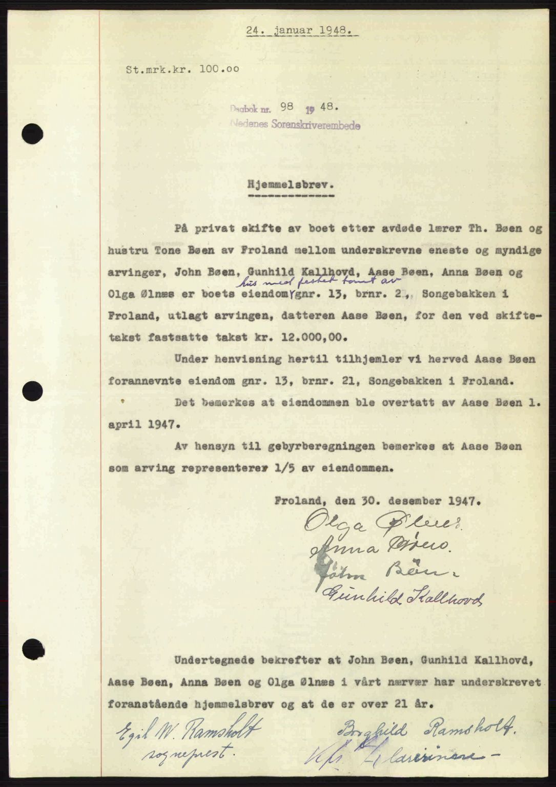 Nedenes sorenskriveri, AV/SAK-1221-0006/G/Gb/Gba/L0058: Mortgage book no. A10, 1947-1948, Diary no: : 98/1948