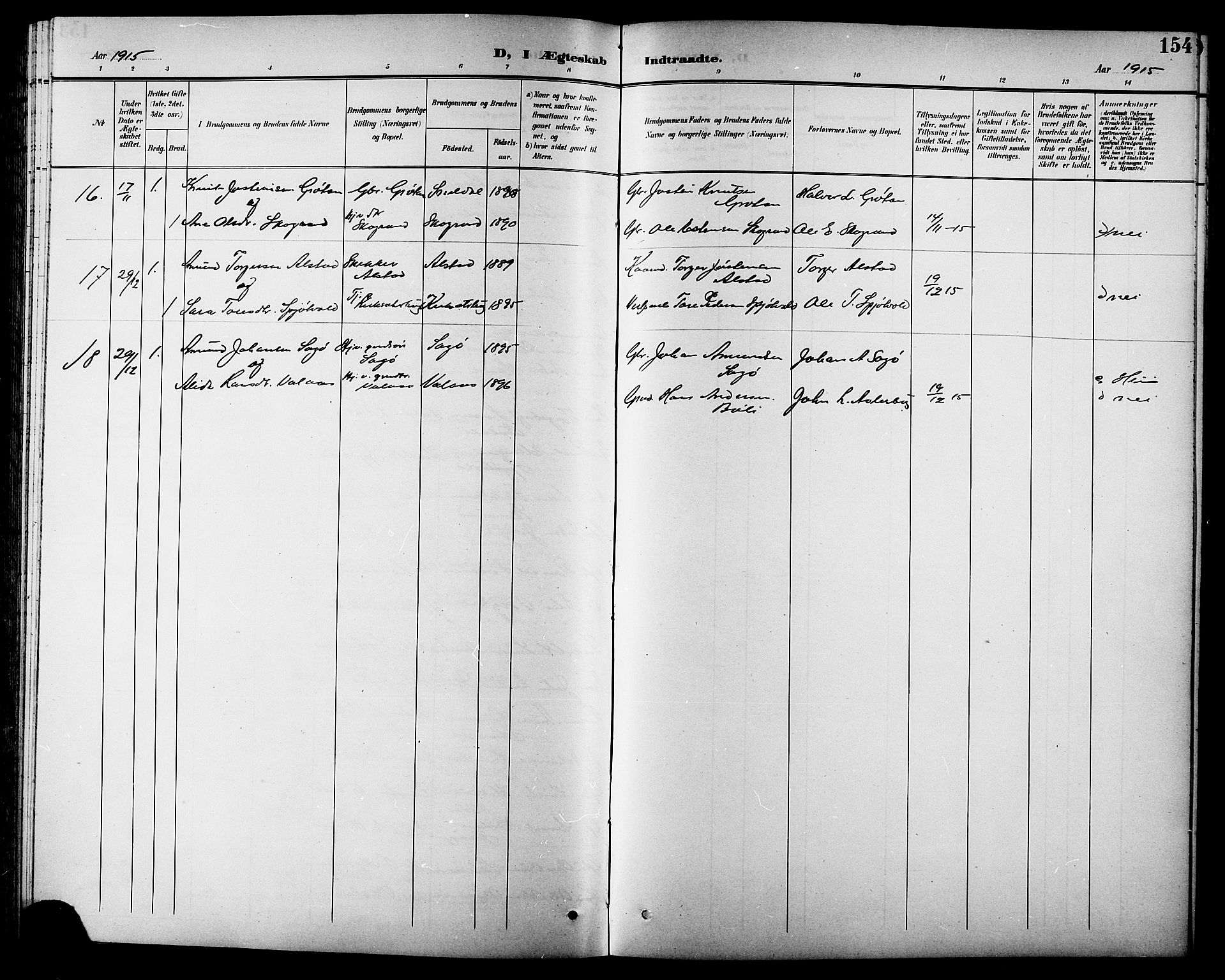 Ministerialprotokoller, klokkerbøker og fødselsregistre - Sør-Trøndelag, AV/SAT-A-1456/630/L0505: Parish register (copy) no. 630C03, 1899-1914, p. 154