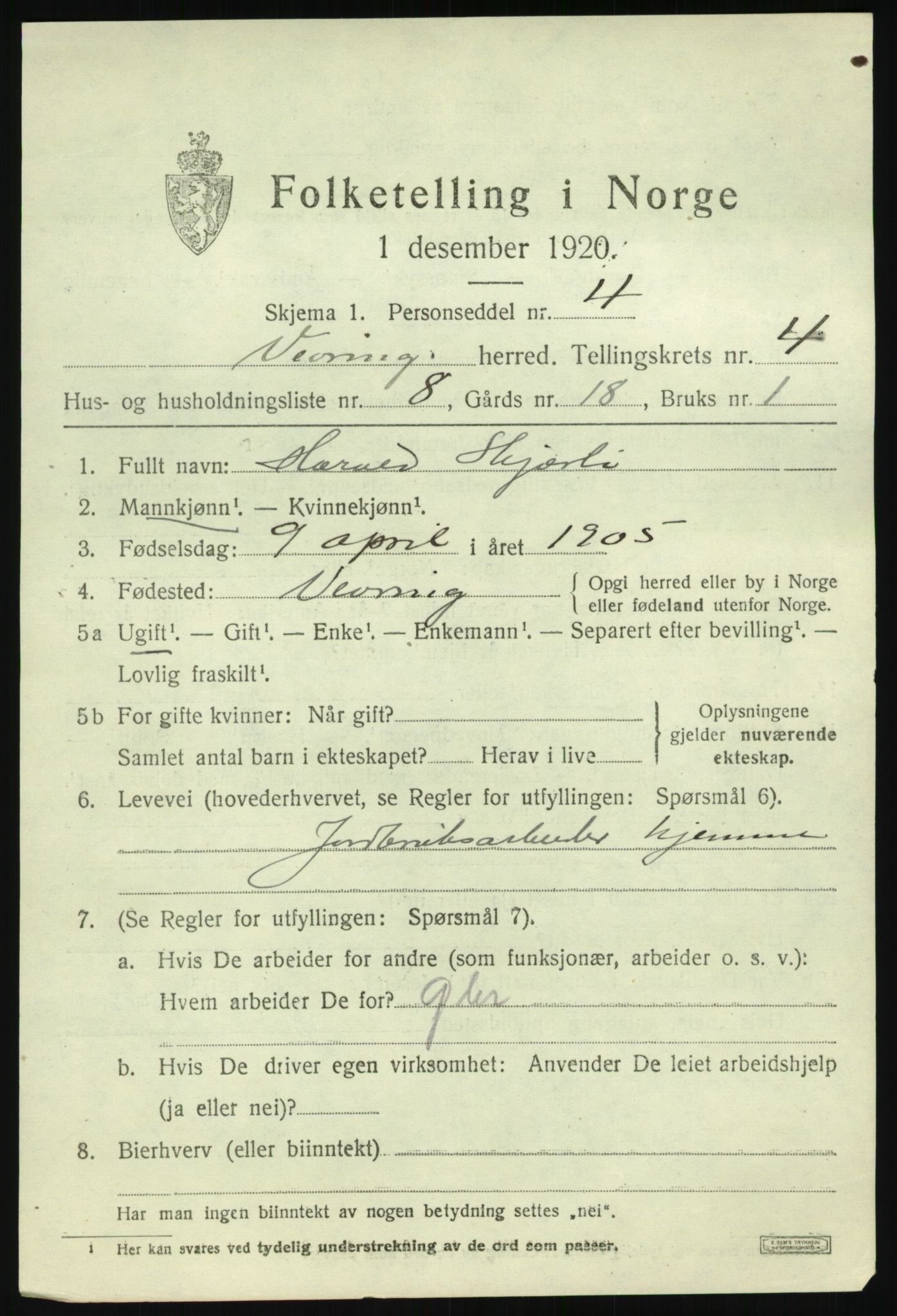 SAB, 1920 census for Vevring, 1920, p. 1408