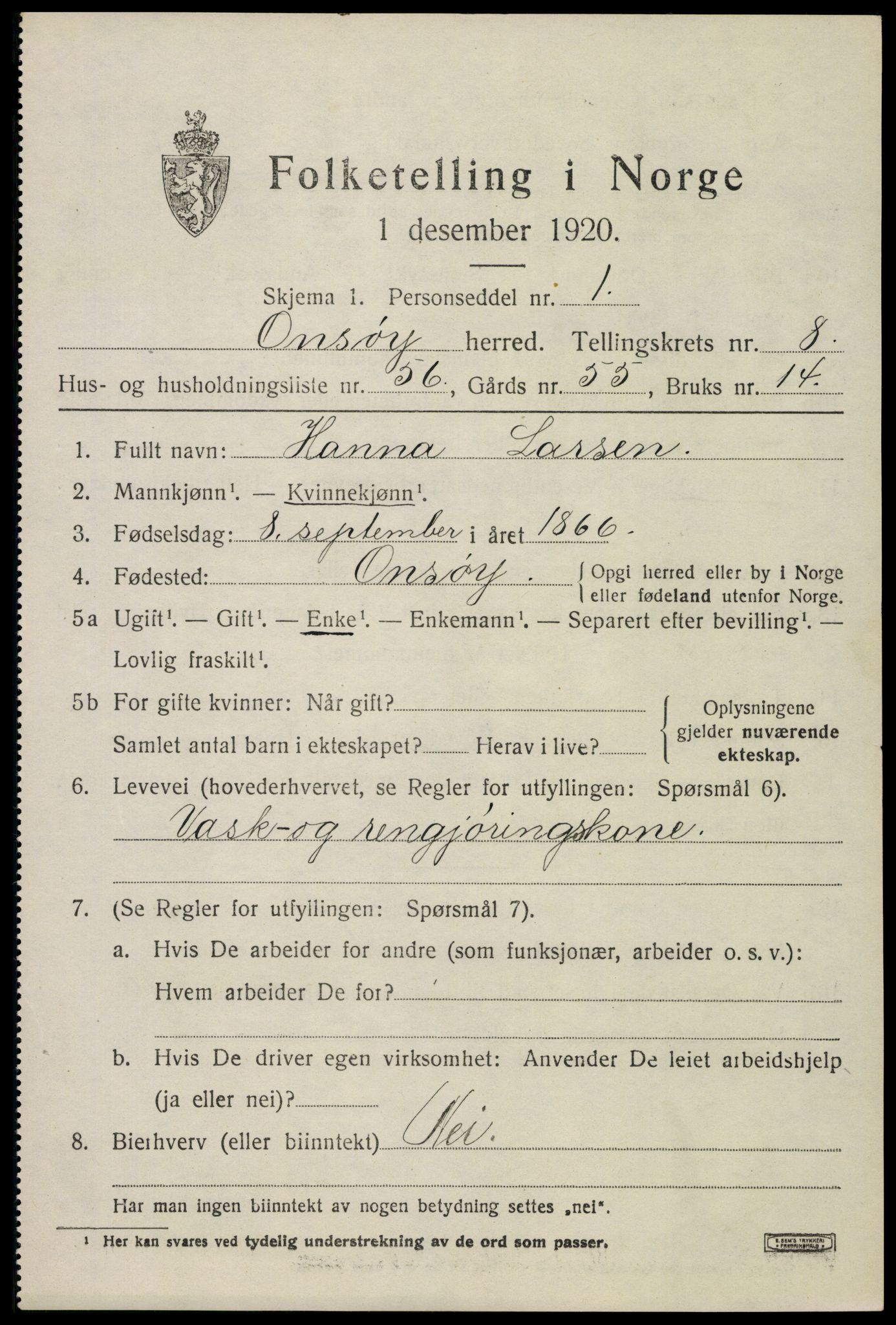 SAO, 1920 census for Onsøy, 1920, p. 12462