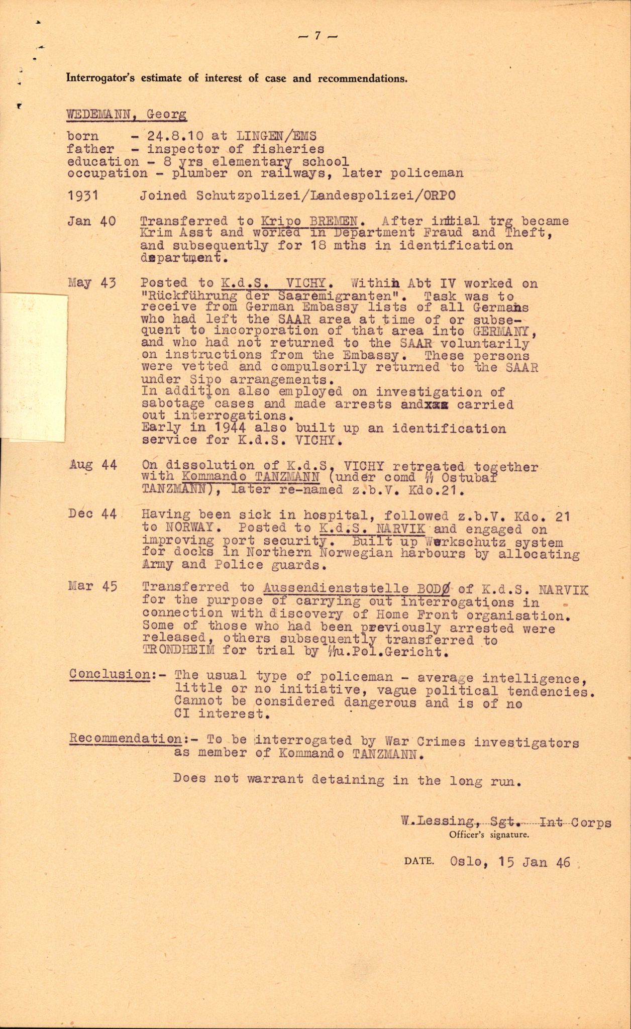 Forsvaret, Forsvarets overkommando II, RA/RAFA-3915/D/Db/L0035: CI Questionaires. Tyske okkupasjonsstyrker i Norge. Tyskere., 1945-1946, p. 60