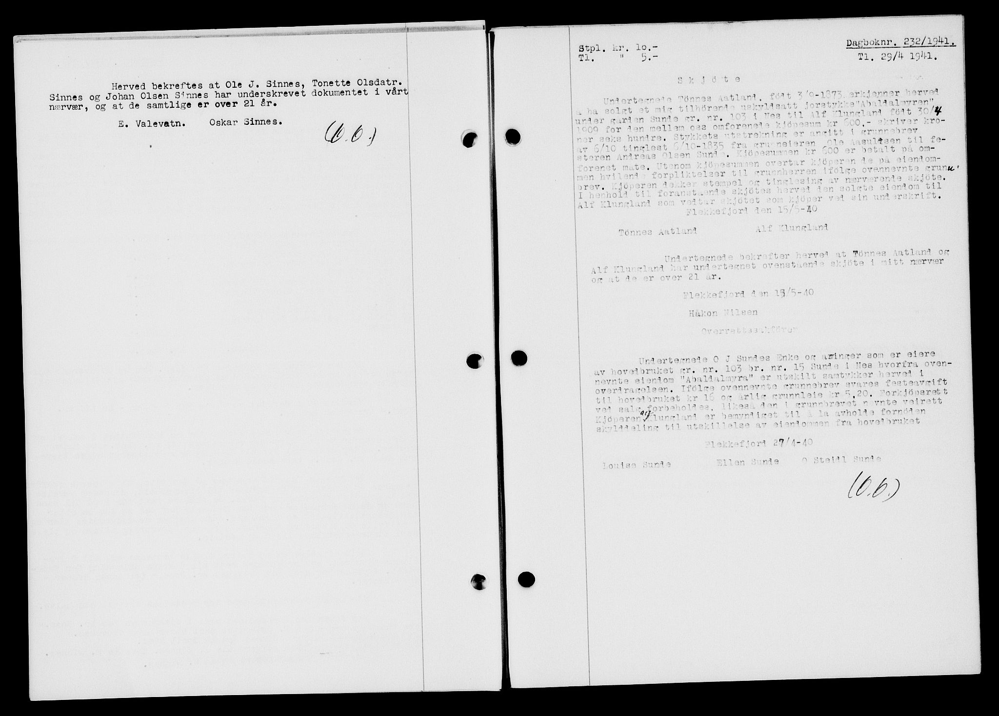 Flekkefjord sorenskriveri, AV/SAK-1221-0001/G/Gb/Gba/L0056: Mortgage book no. A-4, 1940-1941, Diary no: : 232/1941