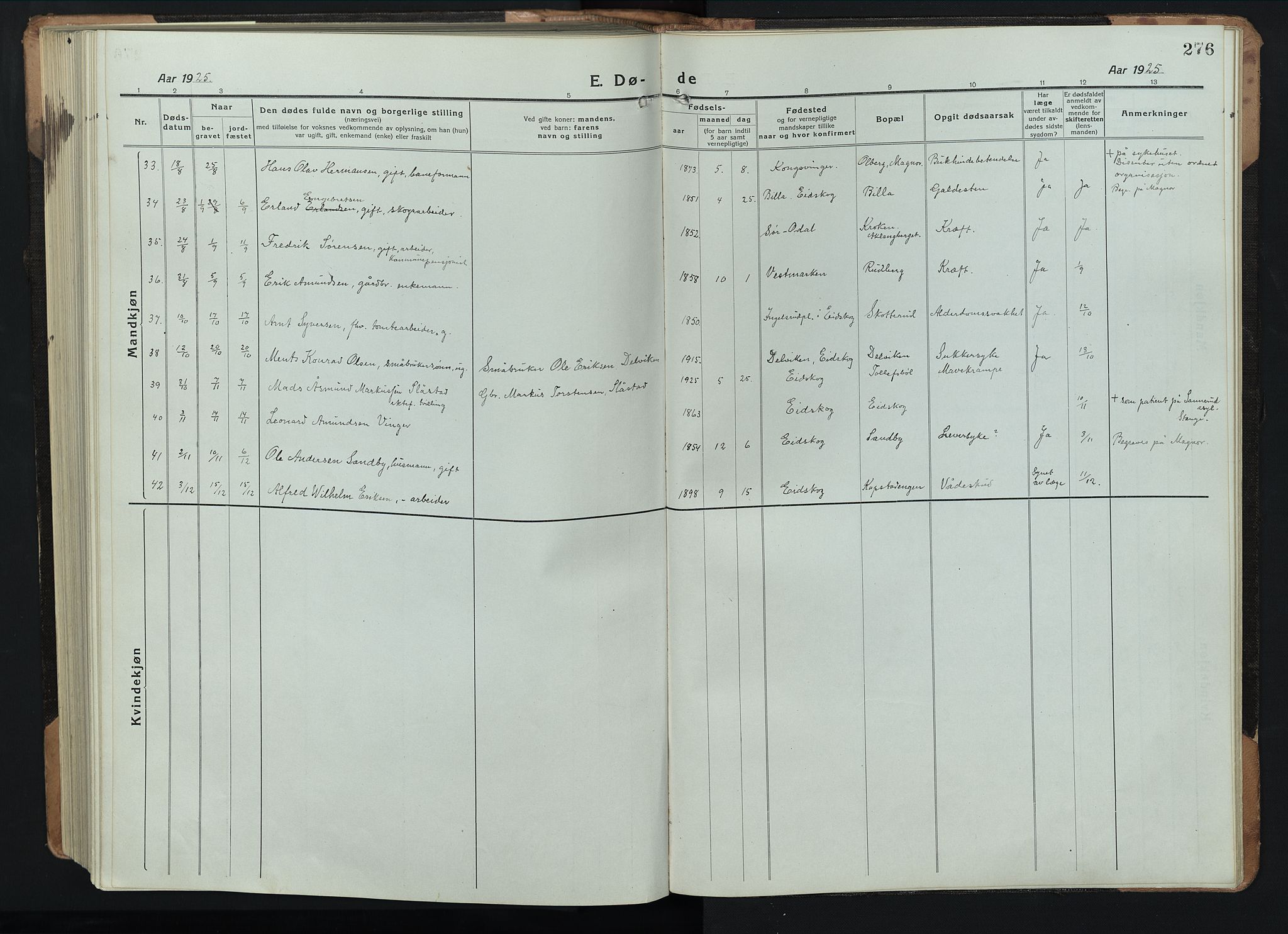 Eidskog prestekontor, AV/SAH-PREST-026/H/Ha/Hab/L0005: Parish register (copy) no. 5, 1916-1946, p. 276