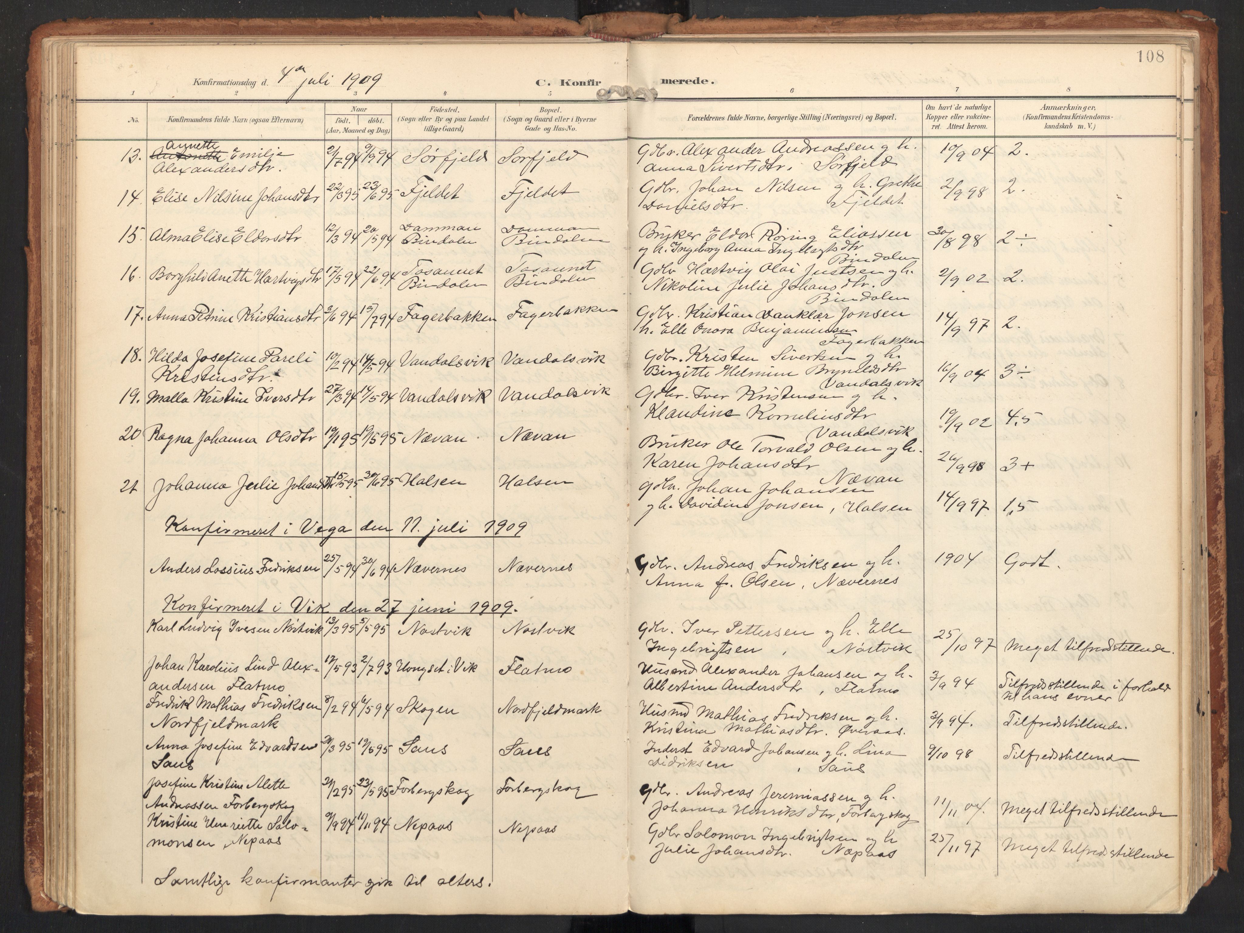 Ministerialprotokoller, klokkerbøker og fødselsregistre - Nordland, AV/SAT-A-1459/814/L0227: Parish register (official) no. 814A08, 1899-1920, p. 108