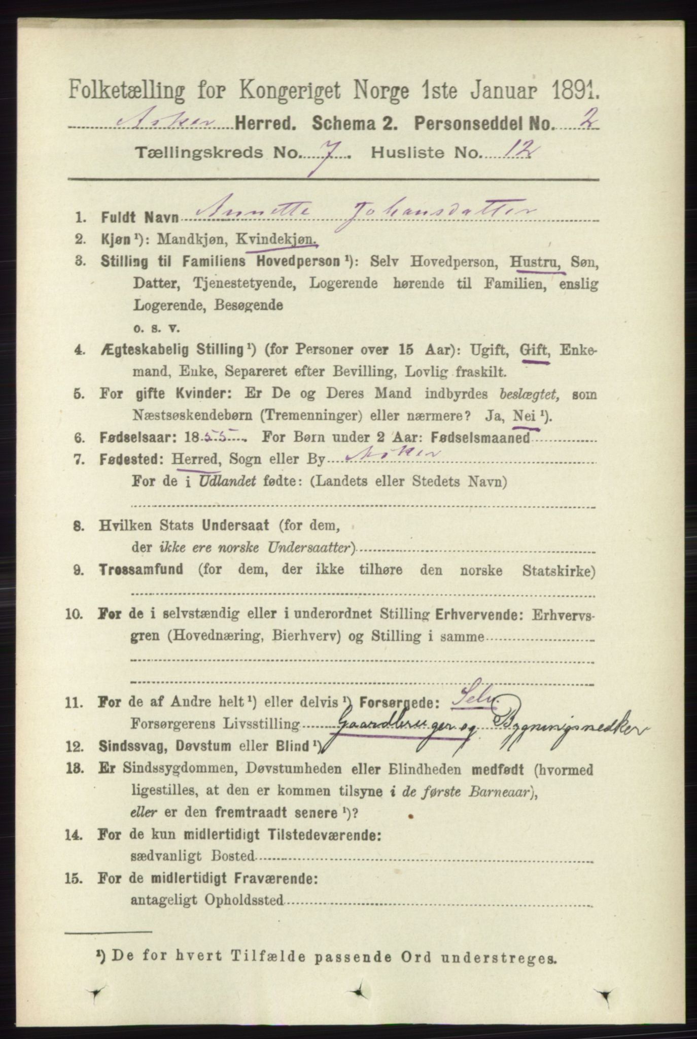 RA, 1891 census for 0220 Asker, 1891, p. 4610