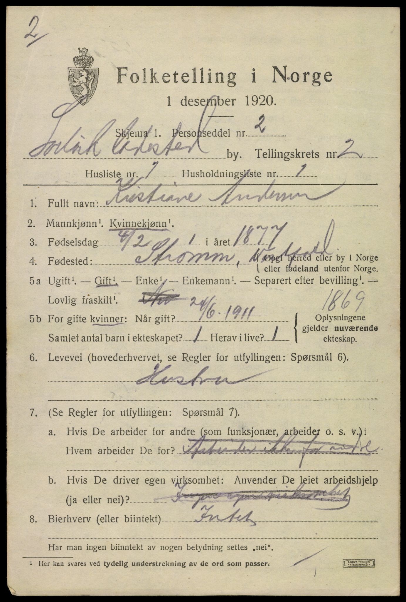 SAKO, 1920 census for Svelvik, 1920, p. 2491