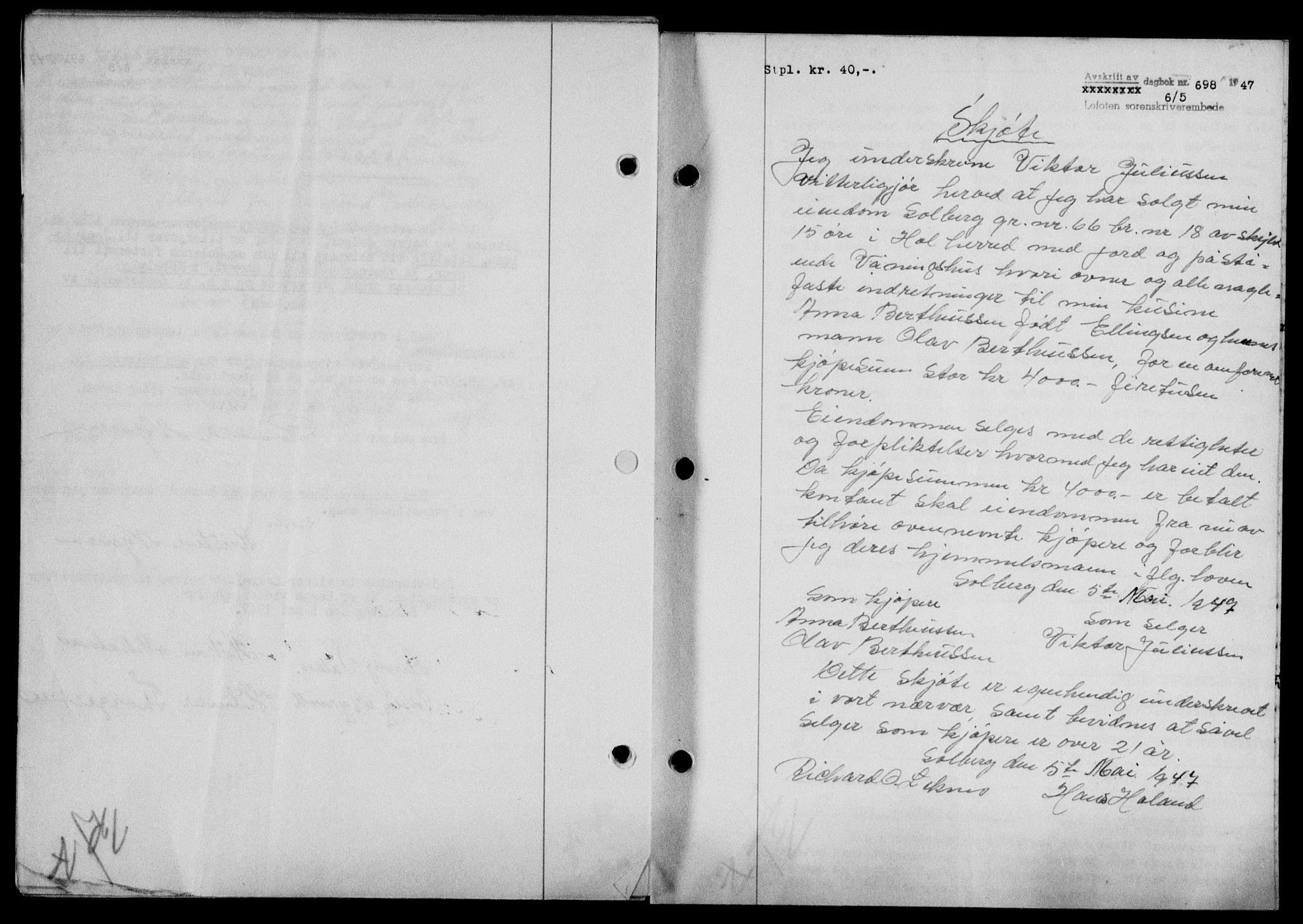 Lofoten sorenskriveri, SAT/A-0017/1/2/2C/L0016a: Mortgage book no. 16a, 1947-1947, Diary no: : 698/1947
