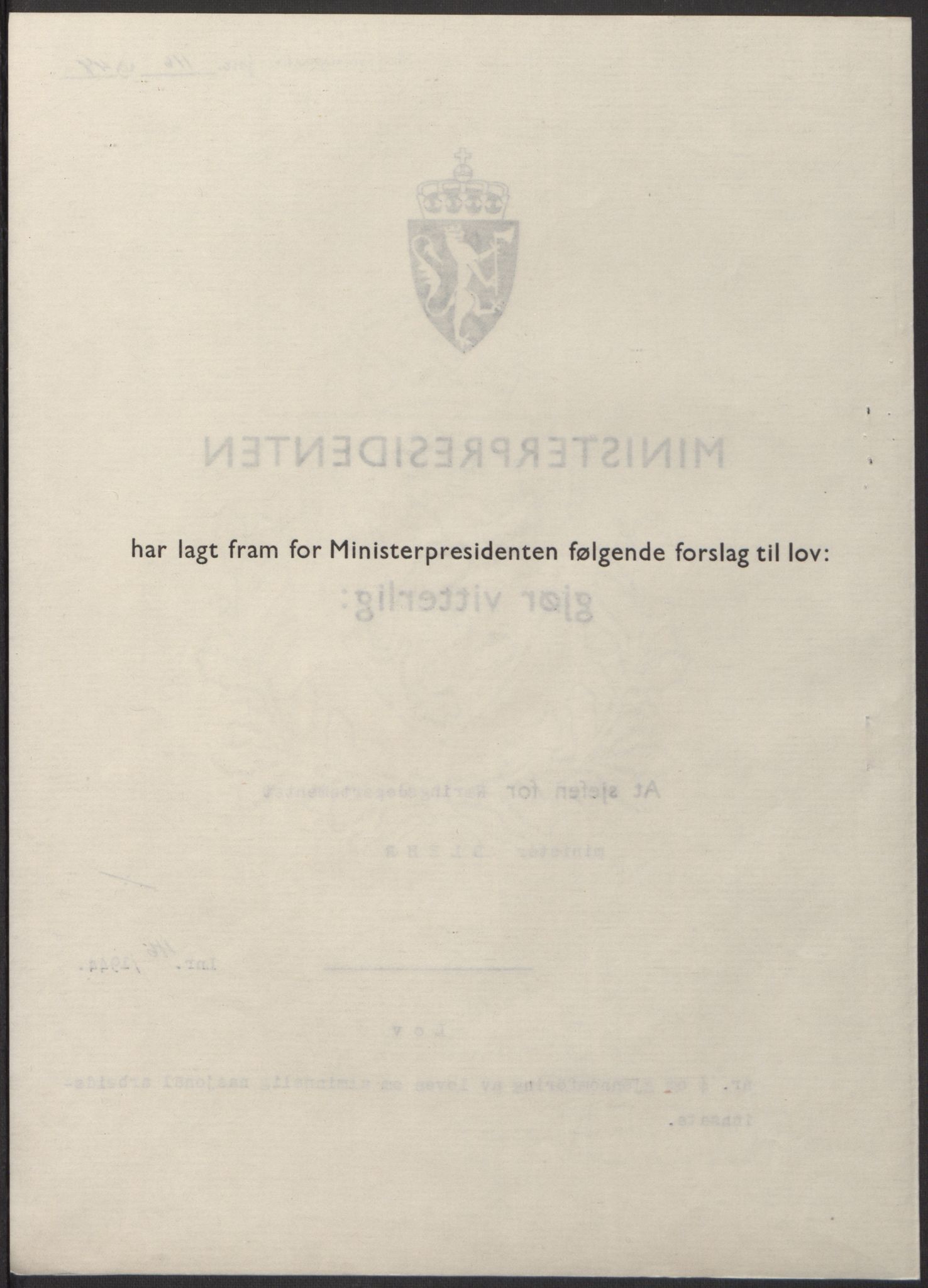 NS-administrasjonen 1940-1945 (Statsrådsekretariatet, de kommisariske statsråder mm), AV/RA-S-4279/D/Db/L0100: Lover, 1944, p. 218