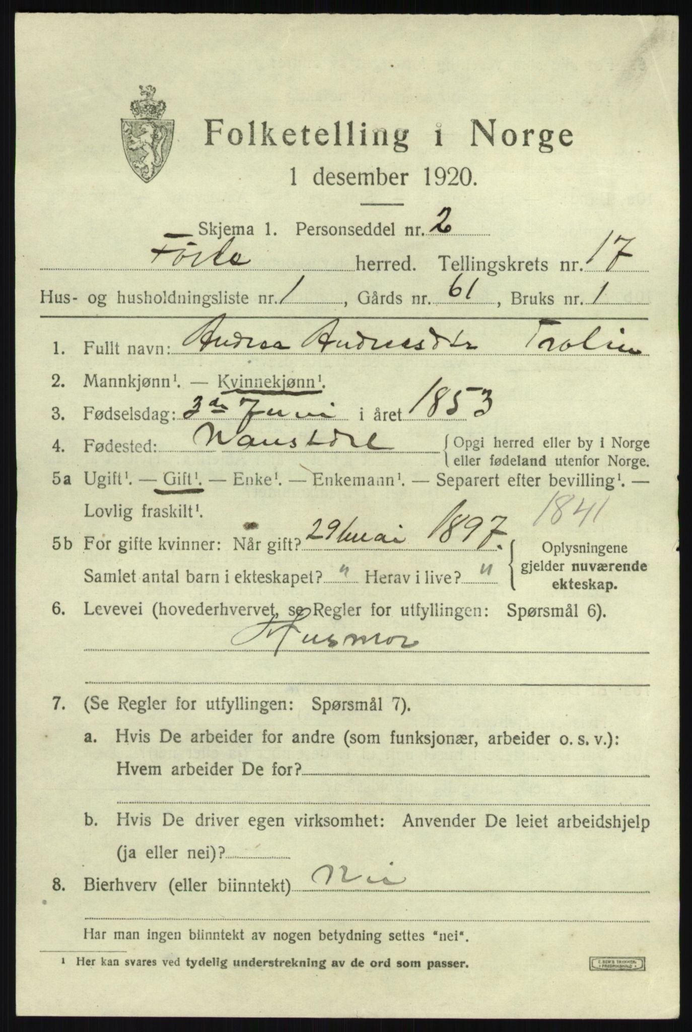 SAB, 1920 census for Førde, 1920, p. 5748