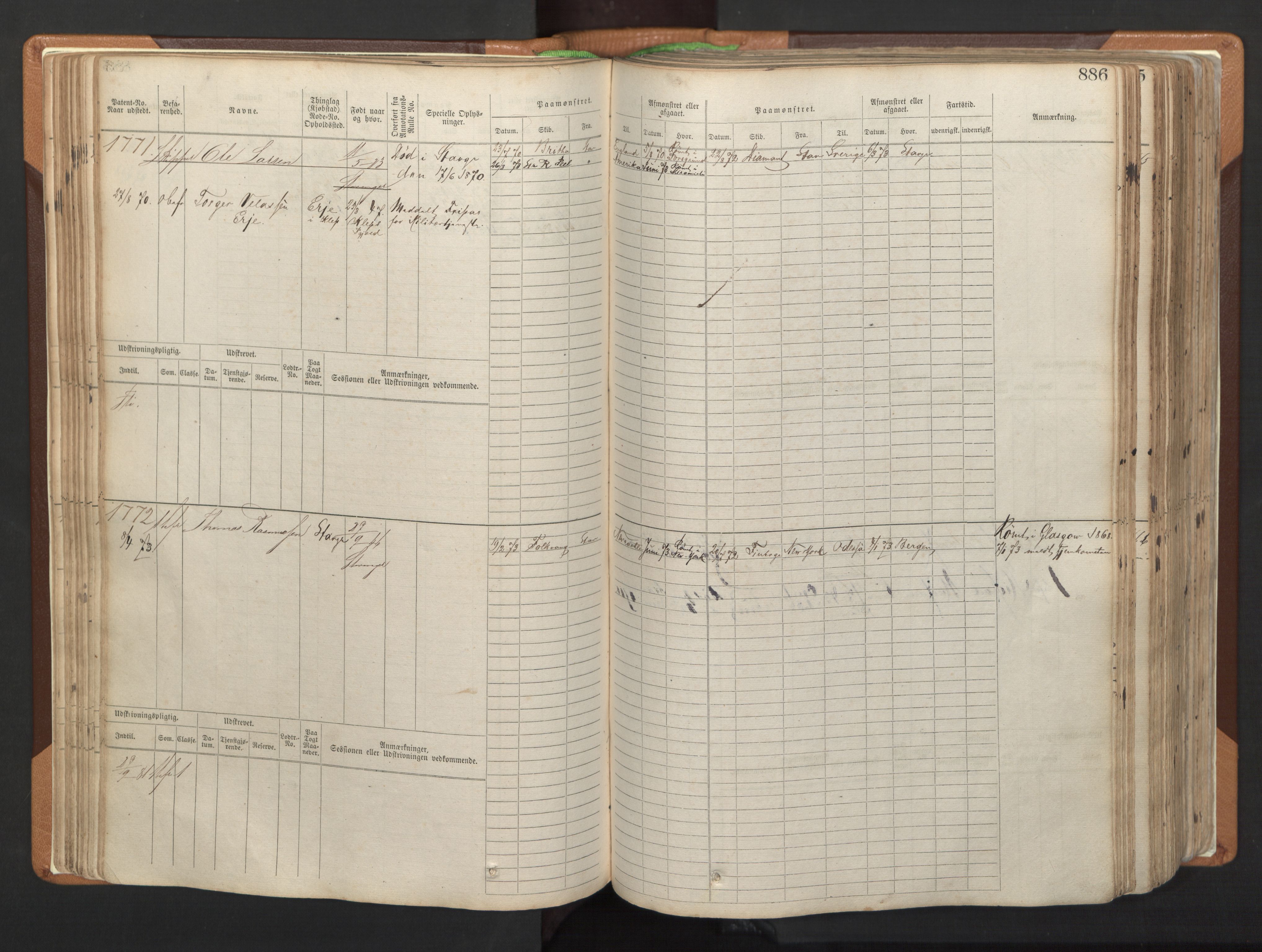 Stavanger sjømannskontor, AV/SAST-A-102006/F/Fb/Fbb/L0006: Sjøfartshovedrulle, patentnr. 1607-2402 (del 3), 1869-1880, p. 85