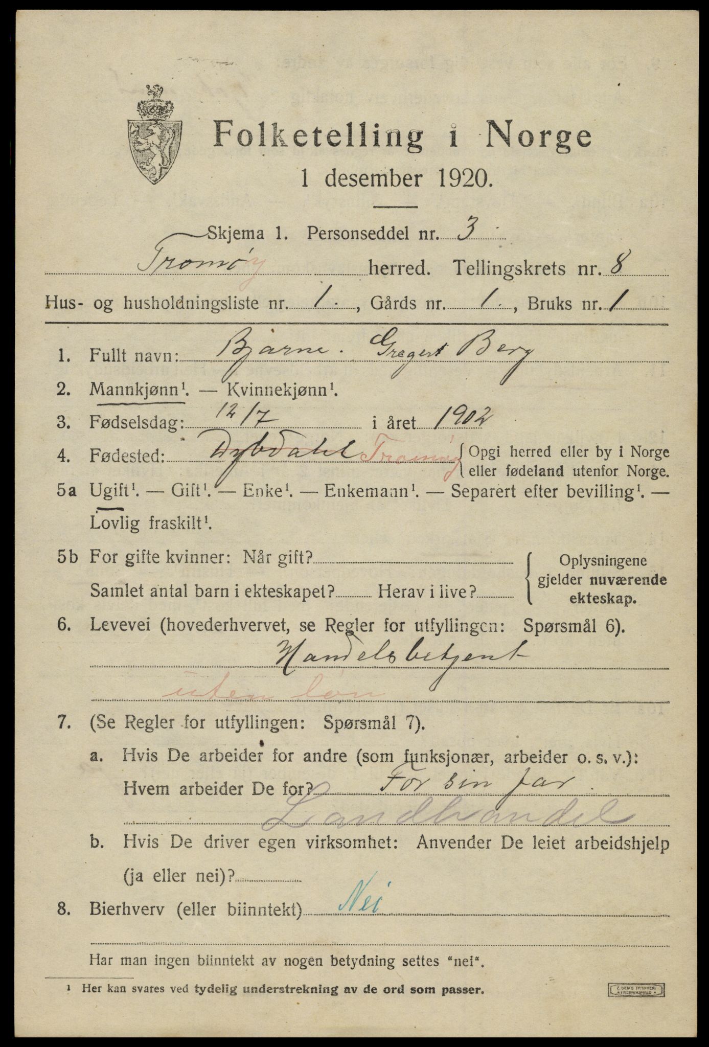 SAK, 1920 census for Tromøy, 1920, p. 5361