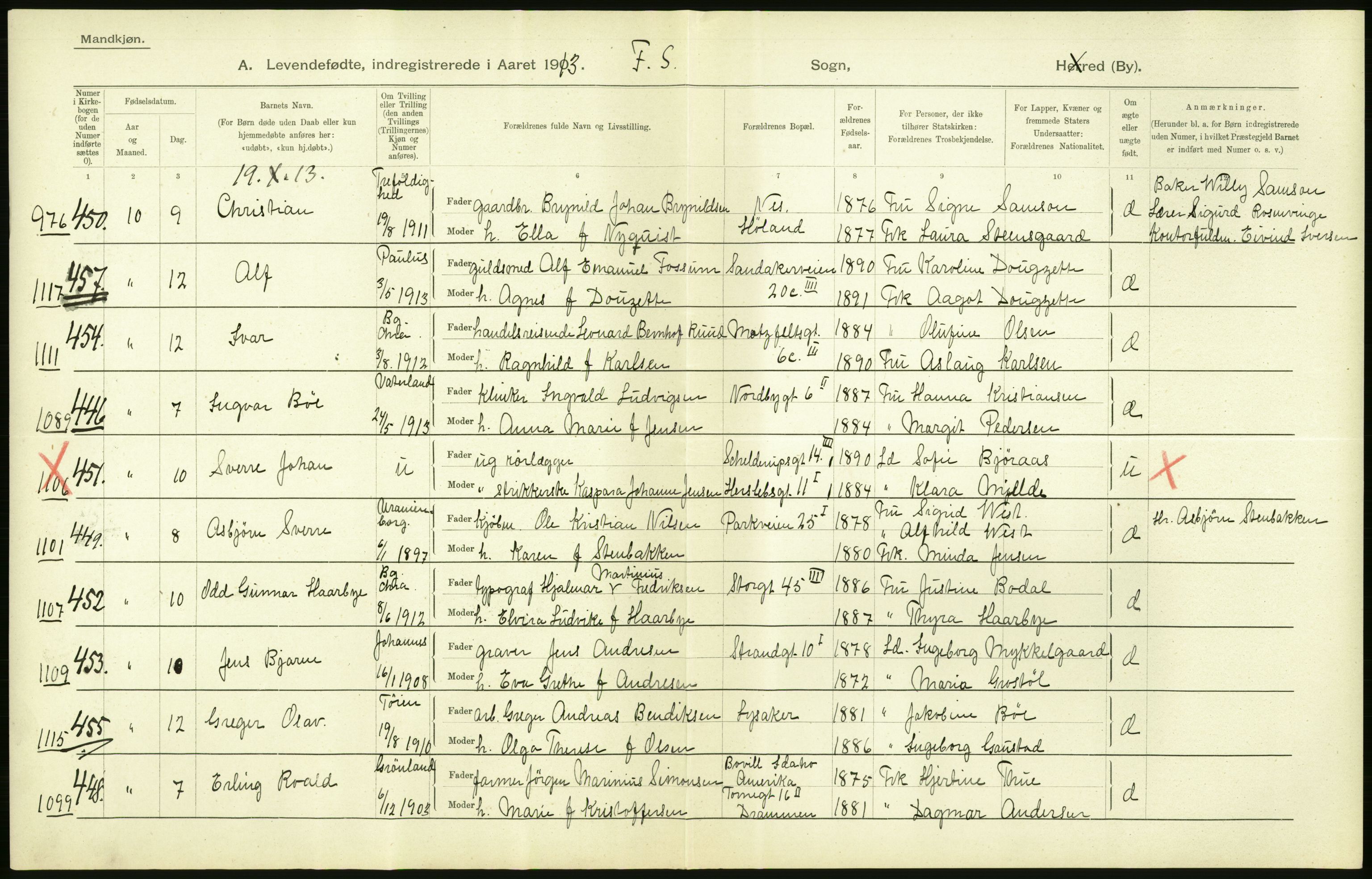 Statistisk sentralbyrå, Sosiodemografiske emner, Befolkning, AV/RA-S-2228/D/Df/Dfb/Dfbc/L0007: Kristiania: Levendefødte menn og kvinner., 1913, p. 30