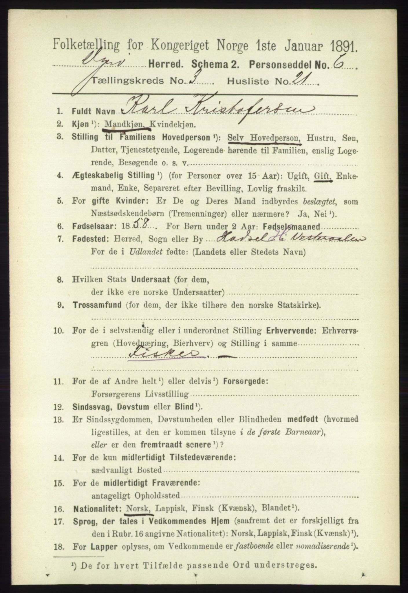 RA, 1891 census for 1926 Dyrøy, 1891, p. 1321