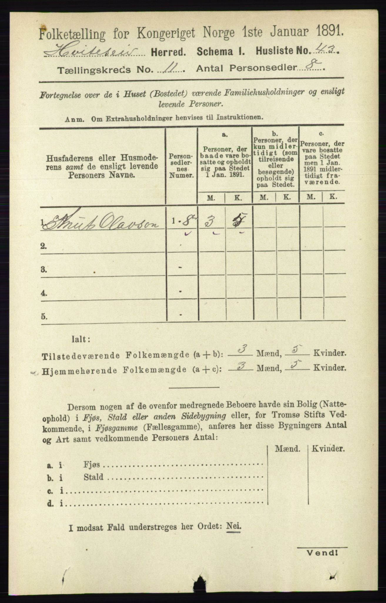 RA, 1891 census for 0829 Kviteseid, 1891, p. 2543