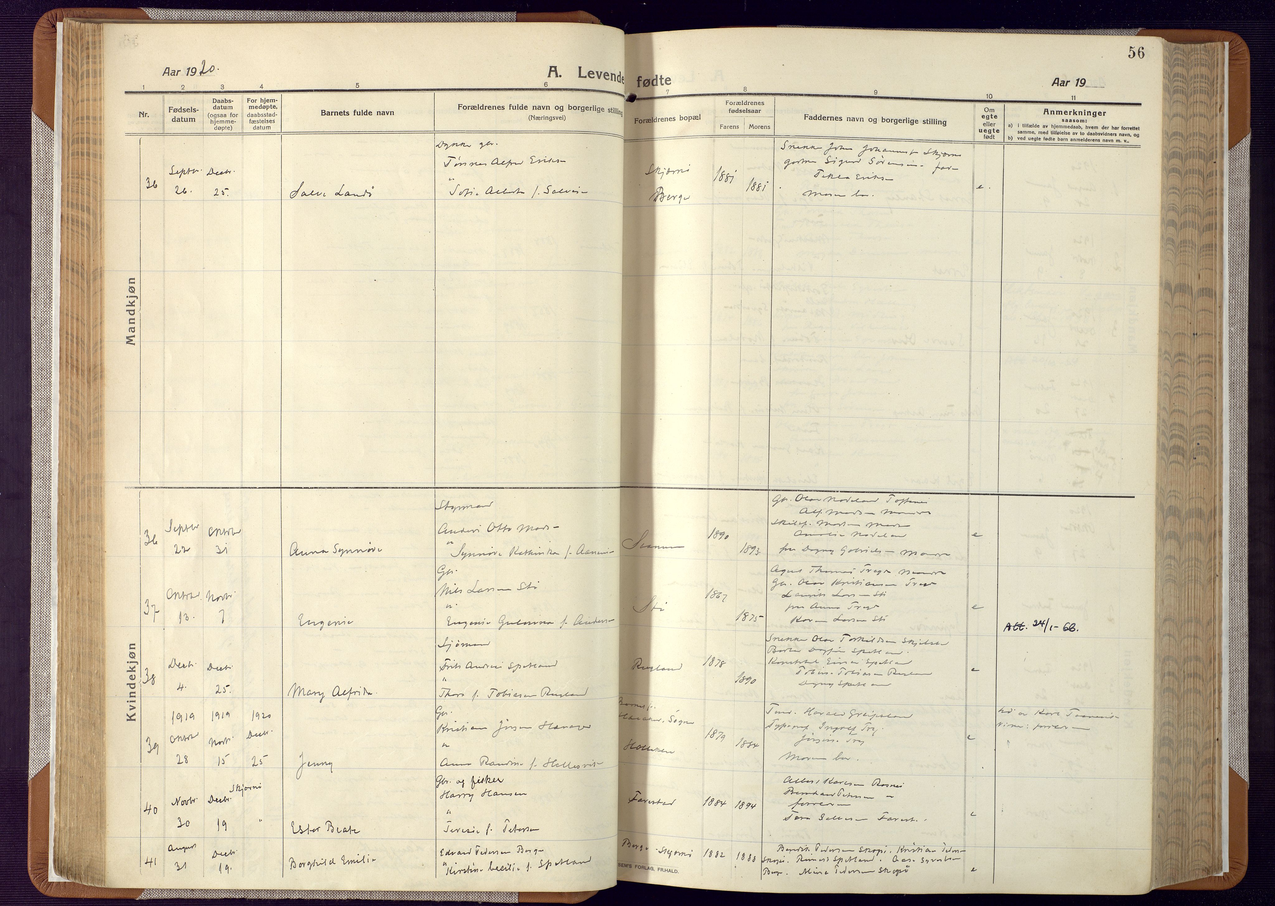 Mandal sokneprestkontor, AV/SAK-1111-0030/F/Fa/Faa/L0022: Parish register (official) no. A 22, 1913-1925, p. 56