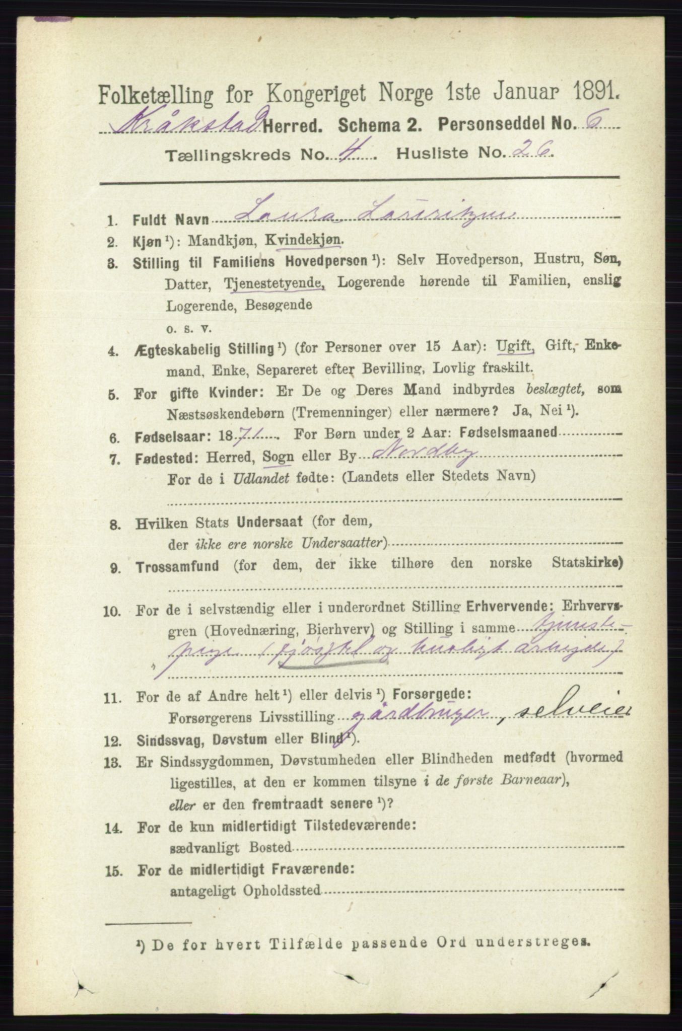 RA, 1891 census for 0212 Kråkstad, 1891, p. 1960