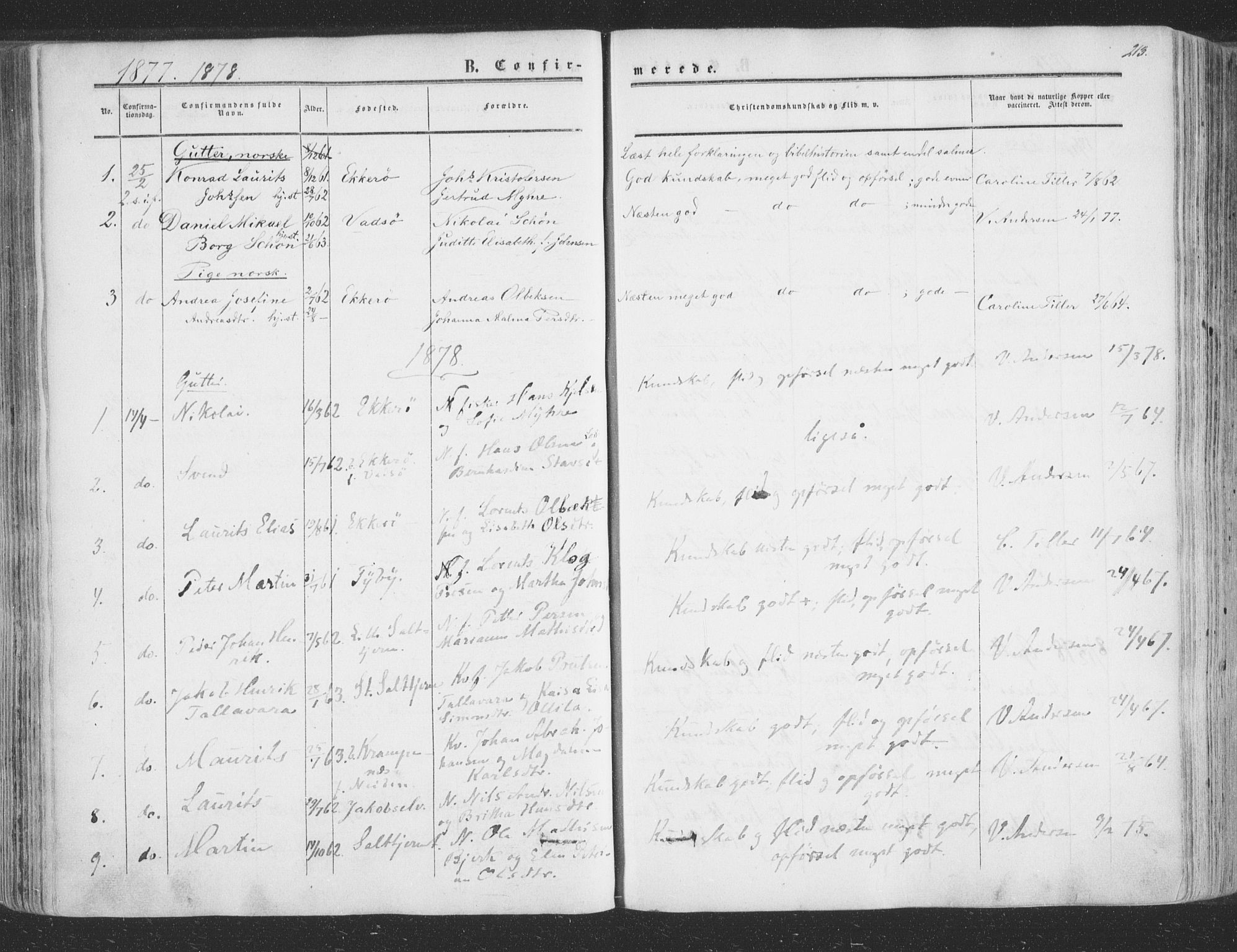 Vadsø sokneprestkontor, SATØ/S-1325/H/Ha/L0004kirke: Parish register (official) no. 4, 1854-1880, p. 213