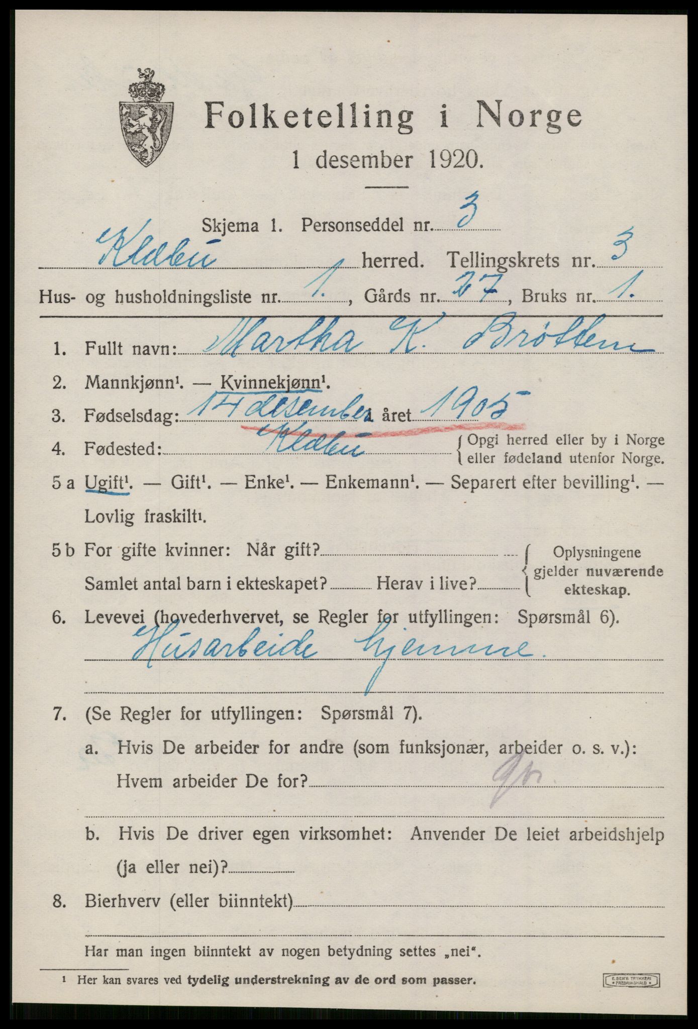 SAT, 1920 census for Klæbu, 1920, p. 1658