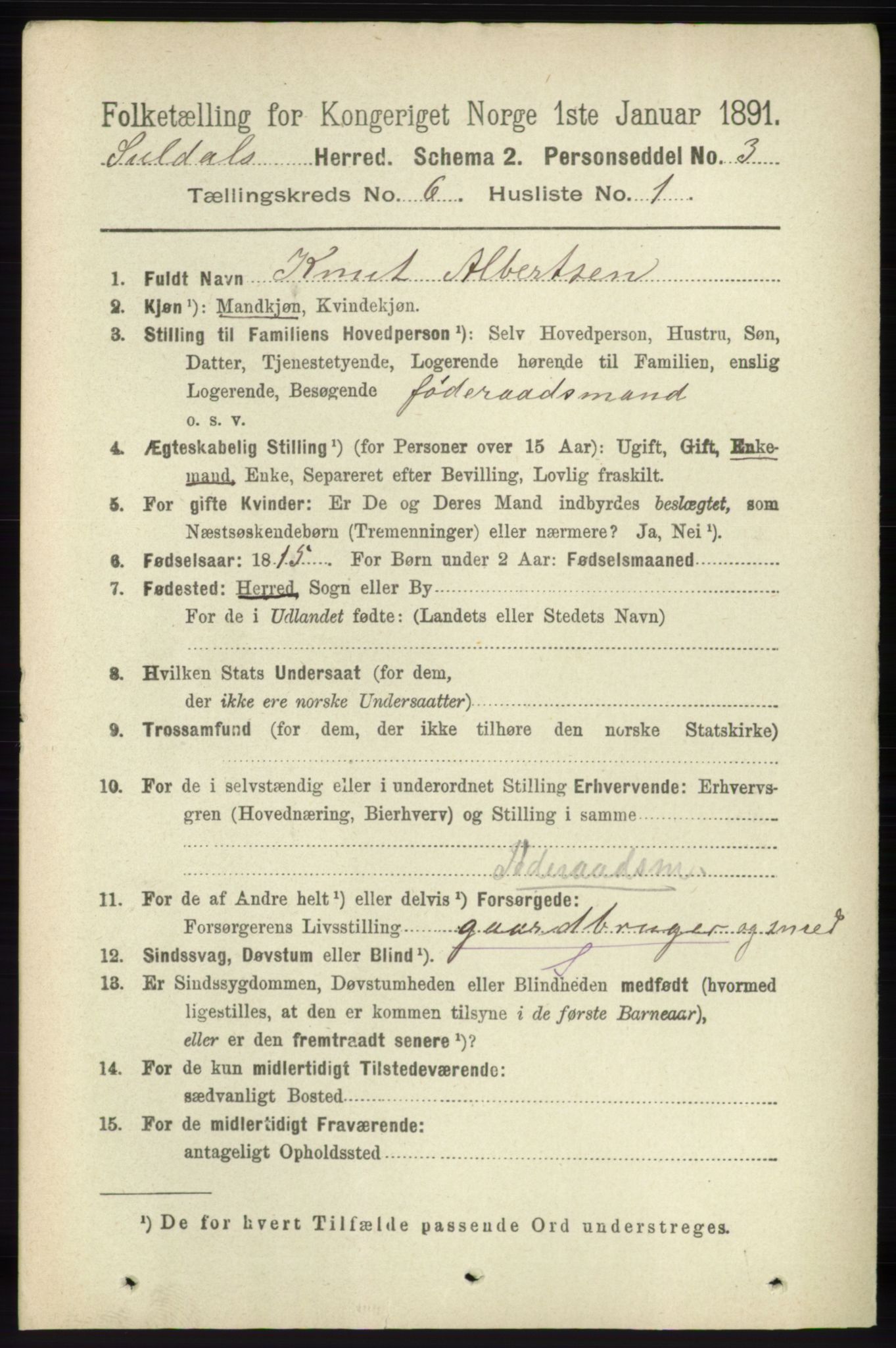 RA, 1891 census for 1134 Suldal, 1891, p. 1597