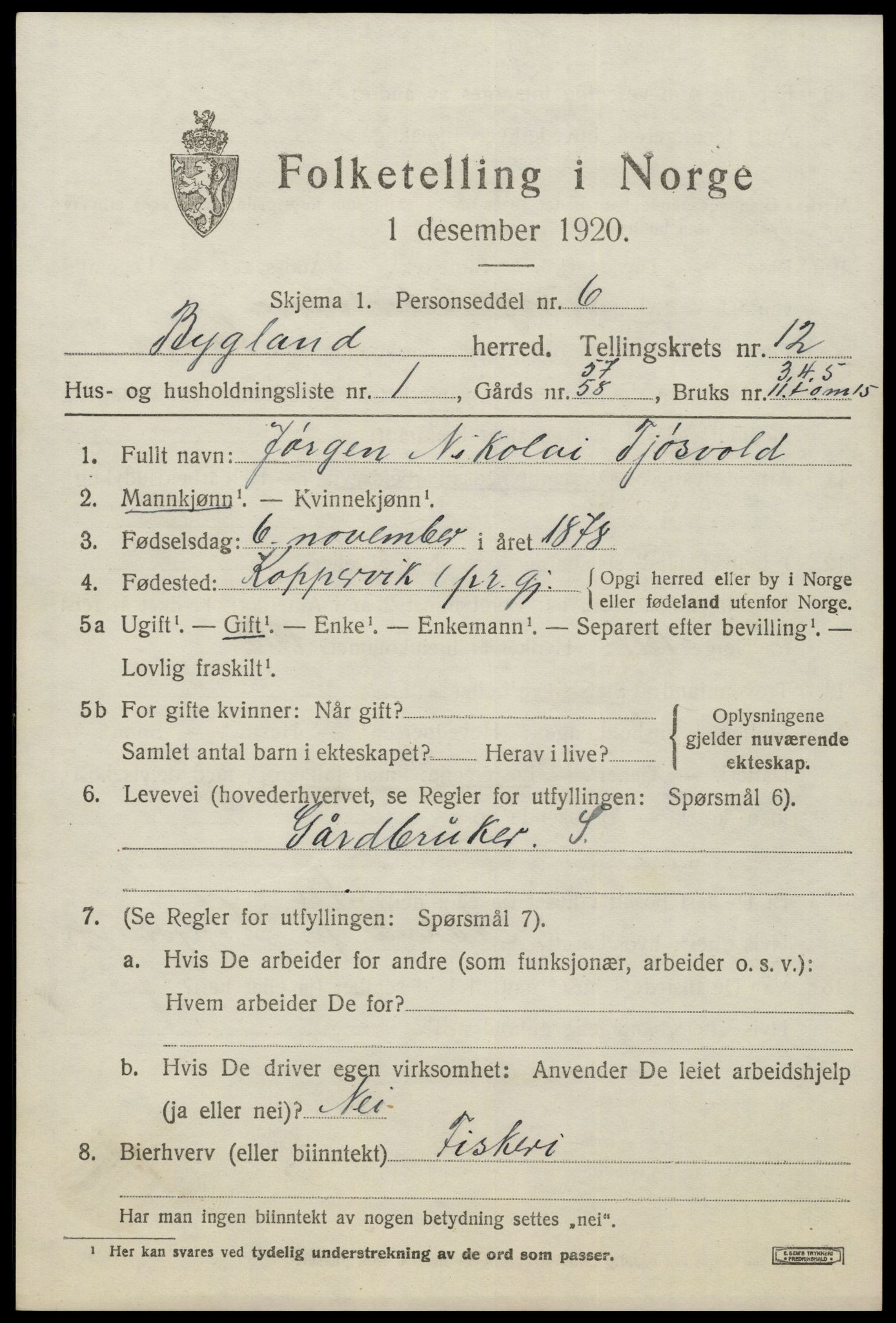 SAK, 1920 census for Bygland, 1920, p. 4471