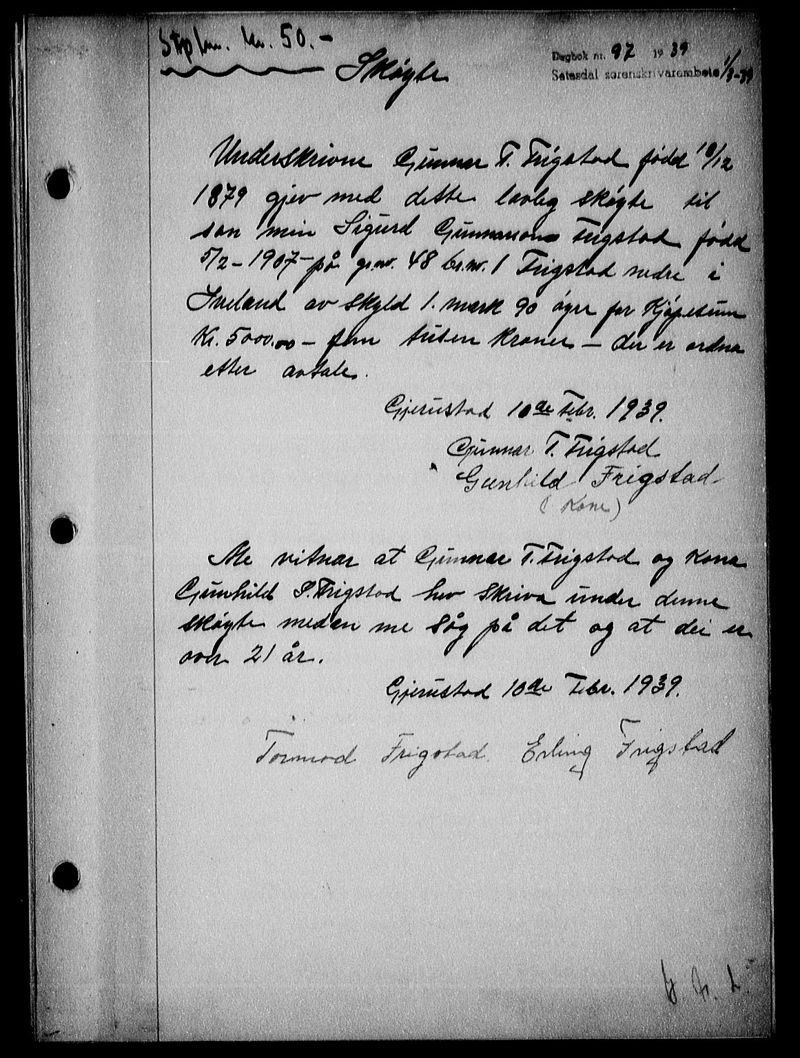 Setesdal sorenskriveri, SAK/1221-0011/G/Gb/L0034: Mortgage book no. A-33, 1939-1940, Diary no: : 97/1939