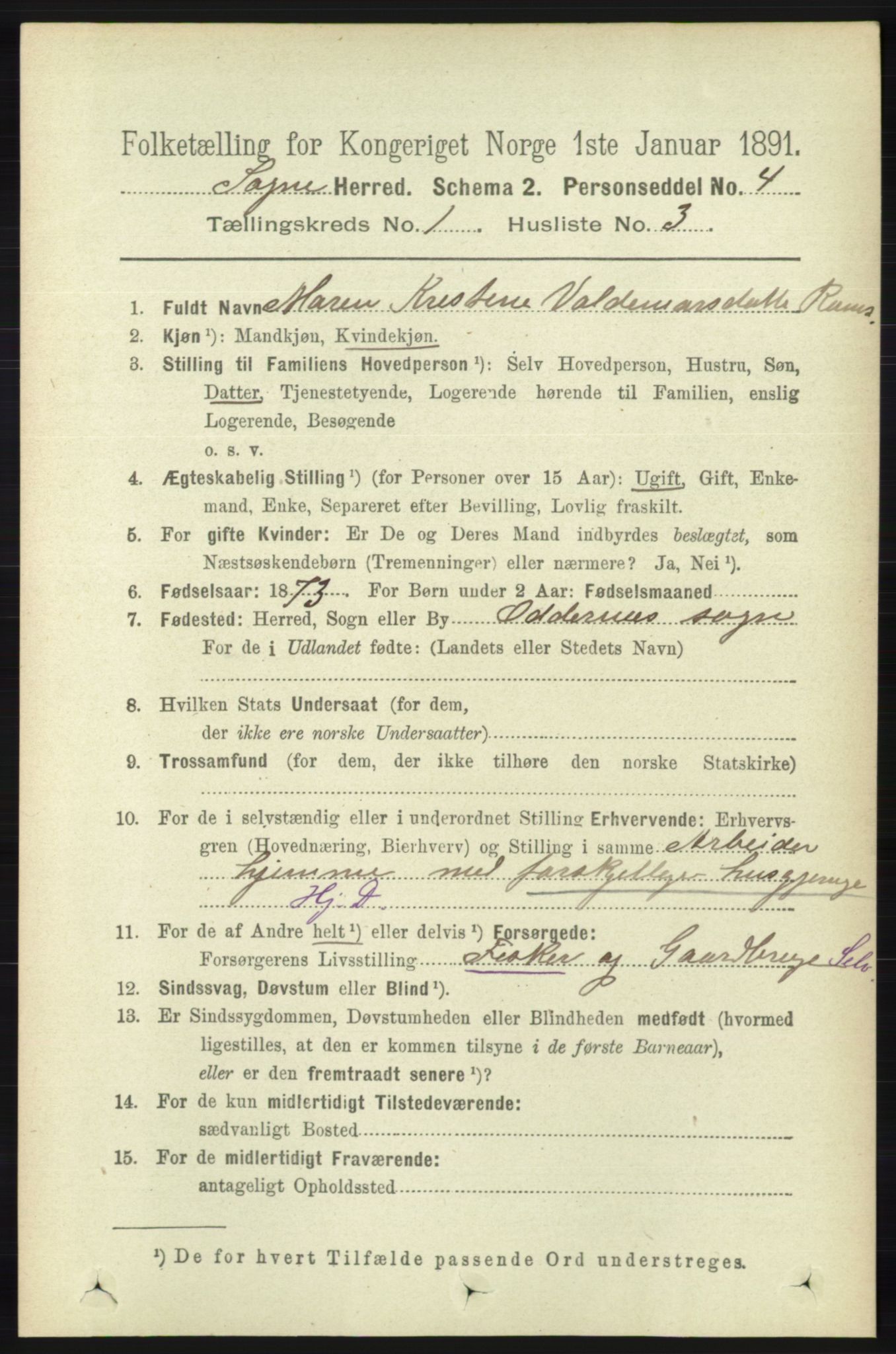 RA, 1891 census for 1018 Søgne, 1891, p. 82