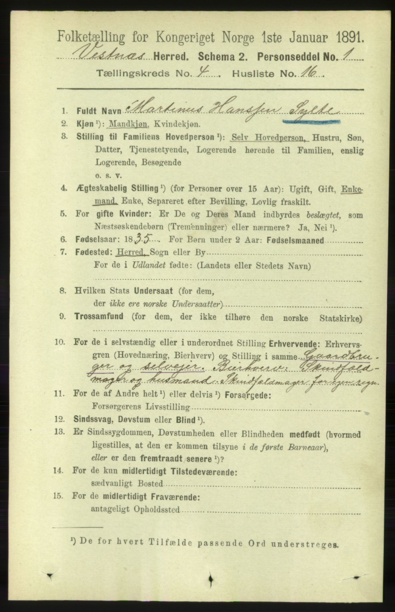 RA, 1891 census for 1535 Vestnes, 1891, p. 1383