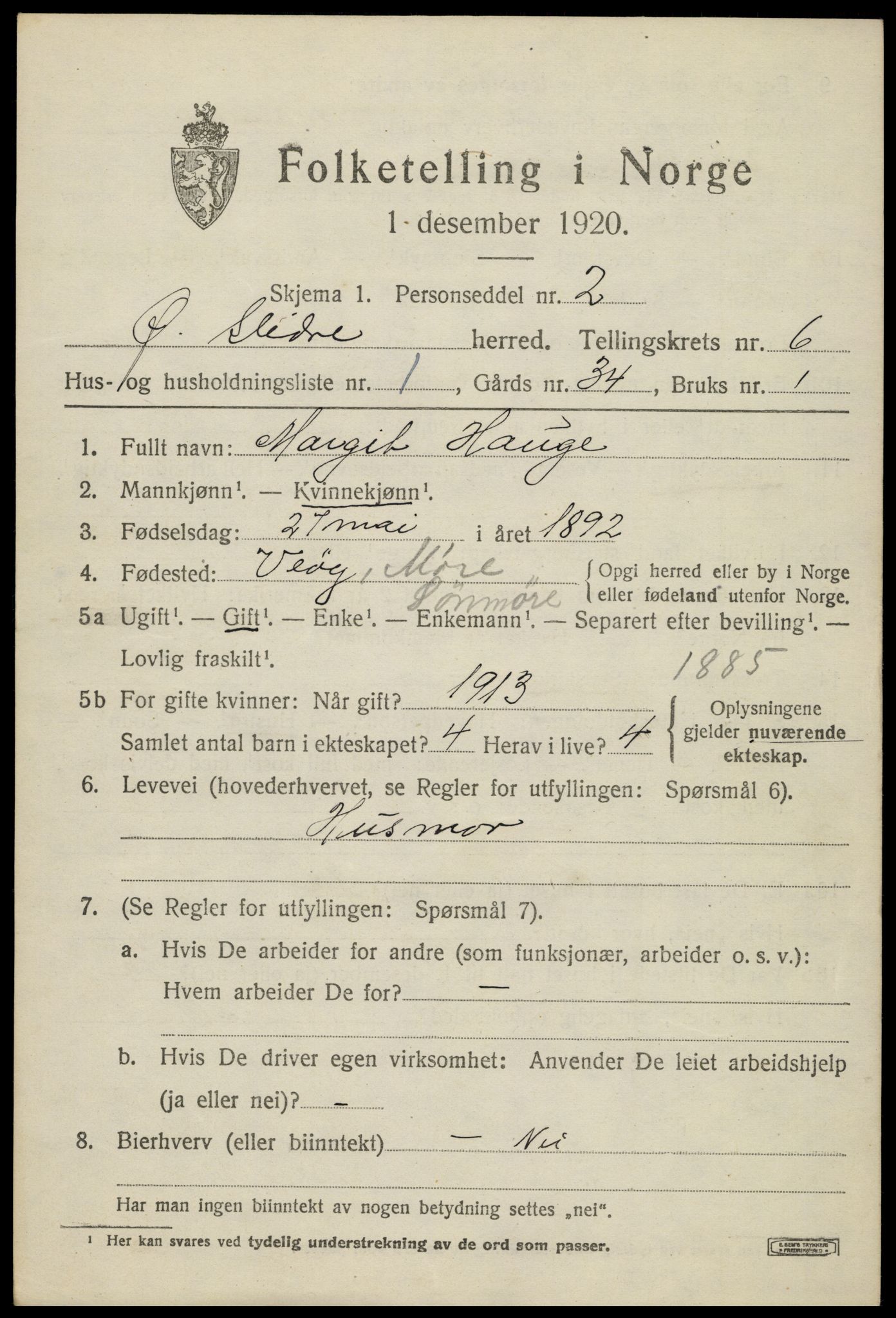 SAH, 1920 census for Øystre Slidre, 1920, p. 3403