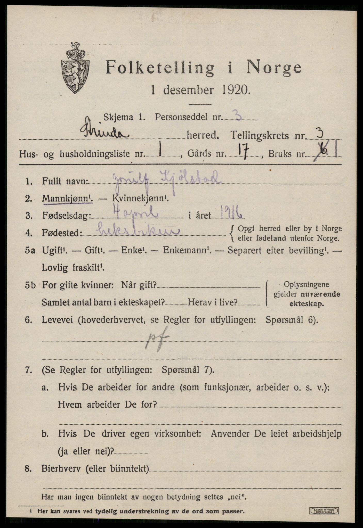 SAT, 1920 census for Strinda, 1920, p. 10274