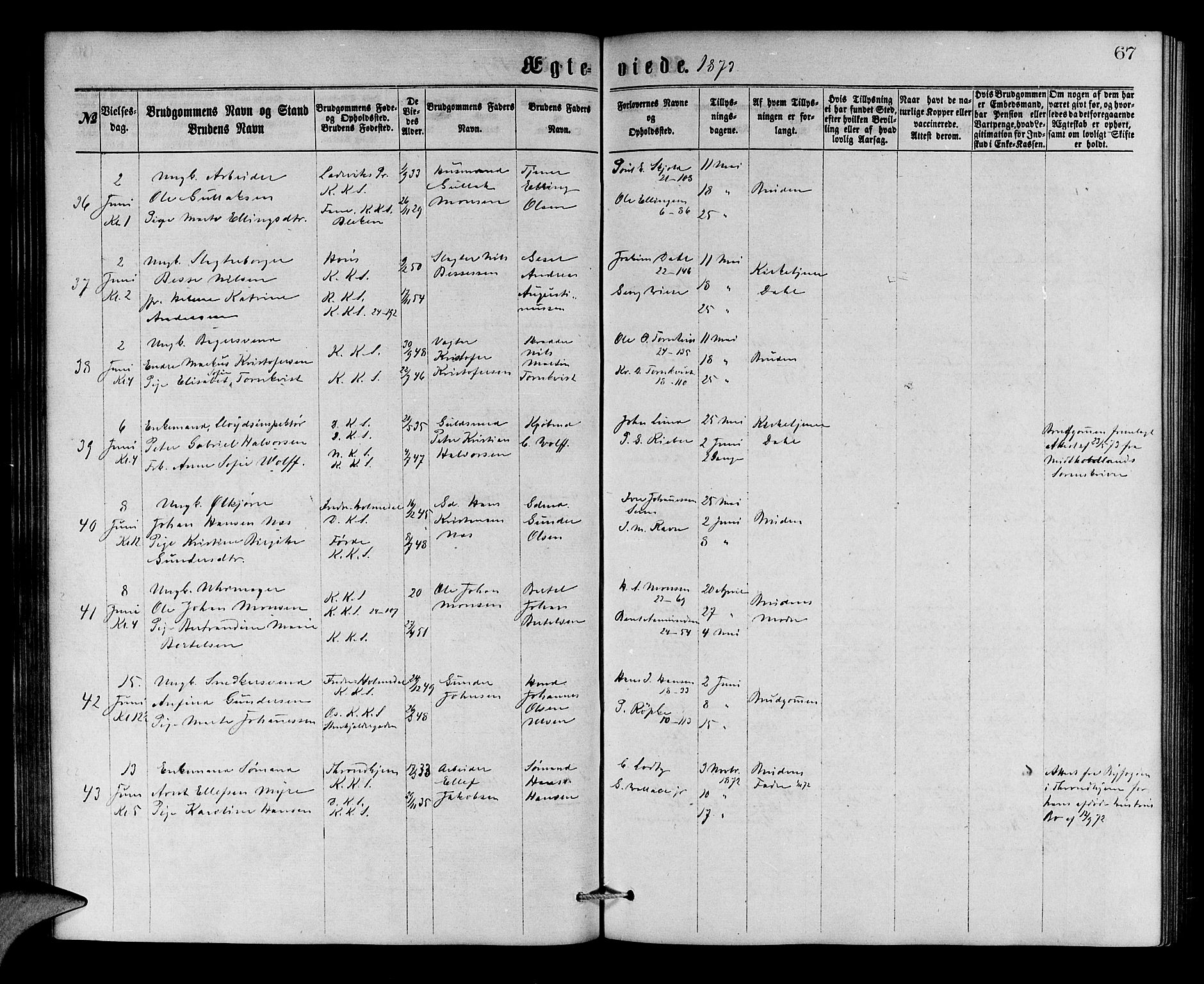 Korskirken sokneprestembete, AV/SAB-A-76101/H/Hab: Parish register (copy) no. D 2, 1867-1886, p. 67