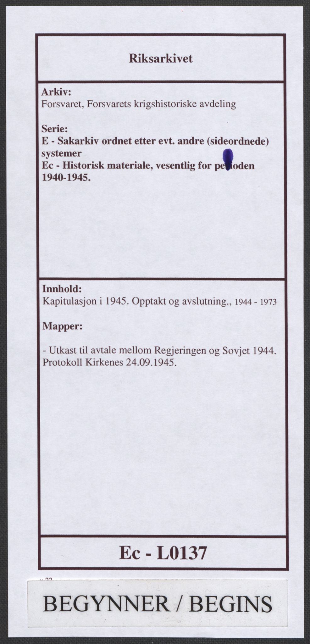 Forsvaret, Forsvarets krigshistoriske avdeling, AV/RA-RAFA-2017/E/Ec/L0137/0005: Kapitulasjon i 1945.  Opptakt og avslutning. / Utkast til avtale mellom Regjeringen og Sovjet 1944.  Protokoll Kirkenes  24.09.1945., 1944-1945, p. 1