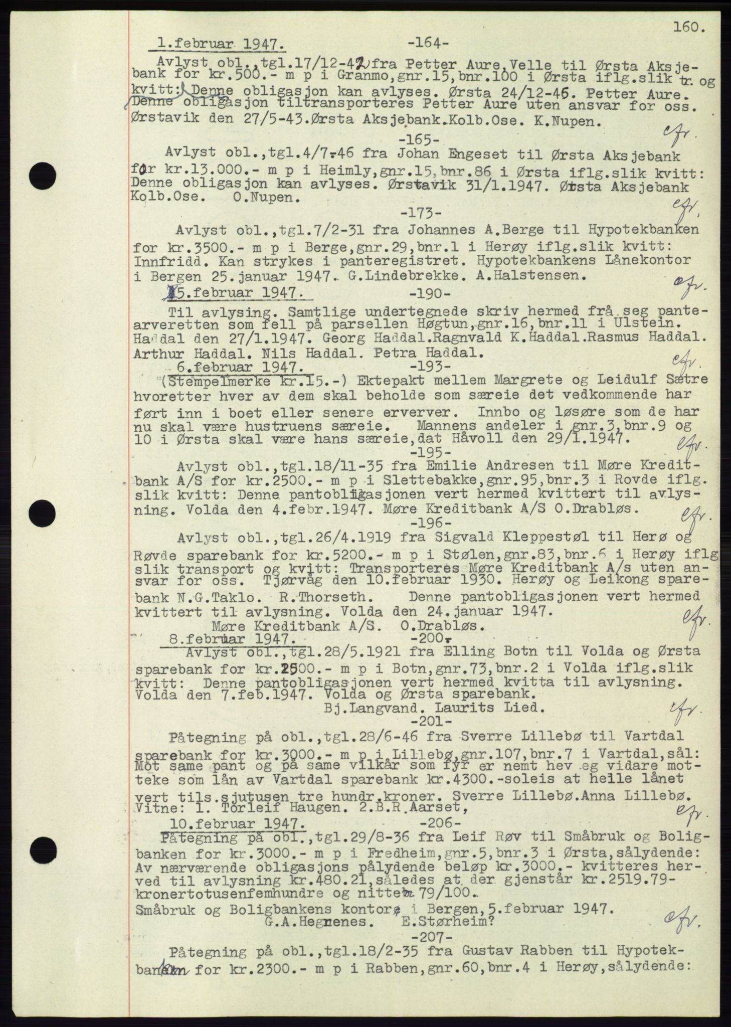 Søre Sunnmøre sorenskriveri, AV/SAT-A-4122/1/2/2C/L0072: Mortgage book no. 66, 1941-1955, Diary no: : 164/1947