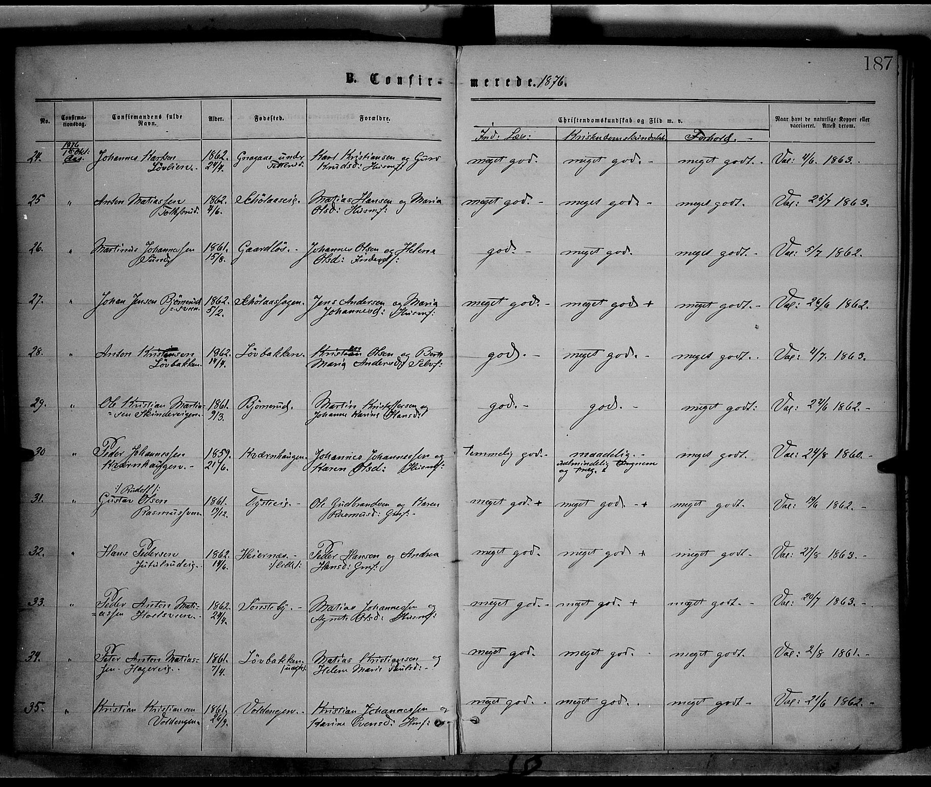 Vestre Toten prestekontor, AV/SAH-PREST-108/H/Ha/Haa/L0008: Parish register (official) no. 8, 1870-1877, p. 187